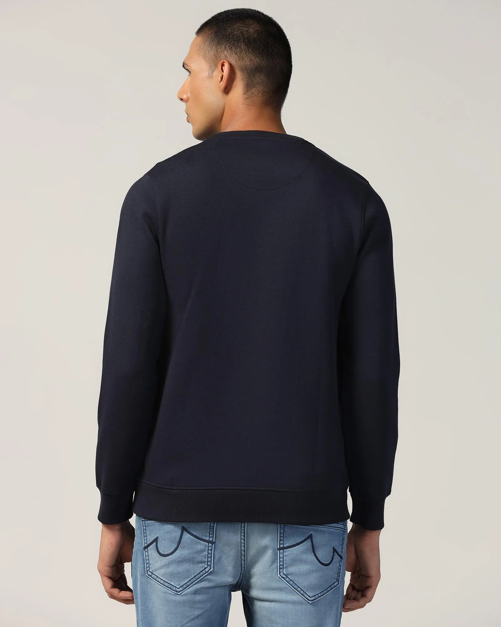 Crew Neck Navy Solid Sweatshirt - Stroke Skin Hug