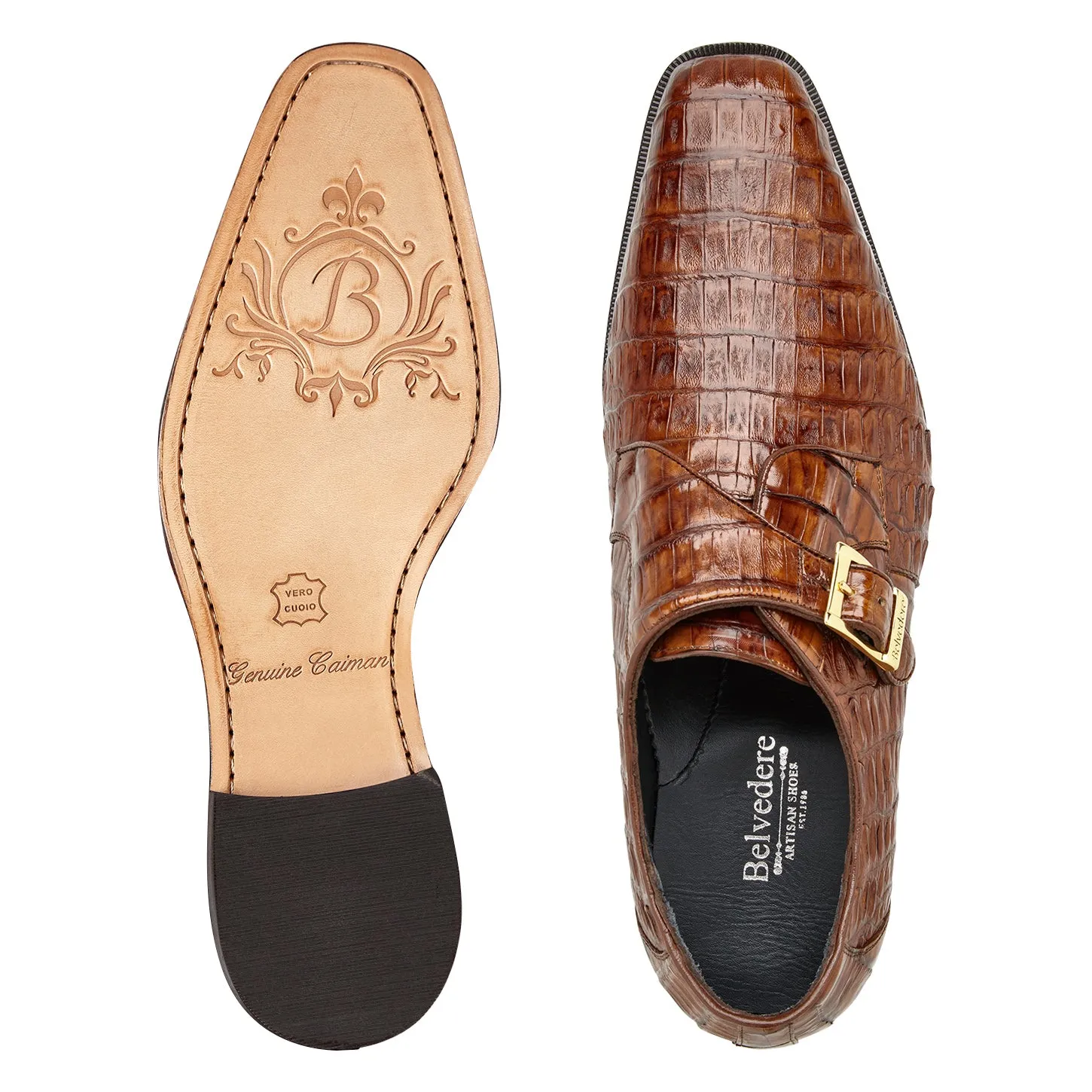Shock Absorbing Free Soul Belvedere Angelo Genuine Caiman Crocodile Monk-Strap Shoe in Walnut