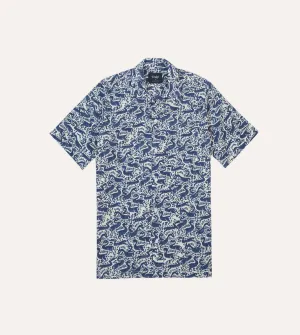 Non Restrictive Fit Navy Duck Block Print Cotton Camp Collar Short Sleeve Shirt