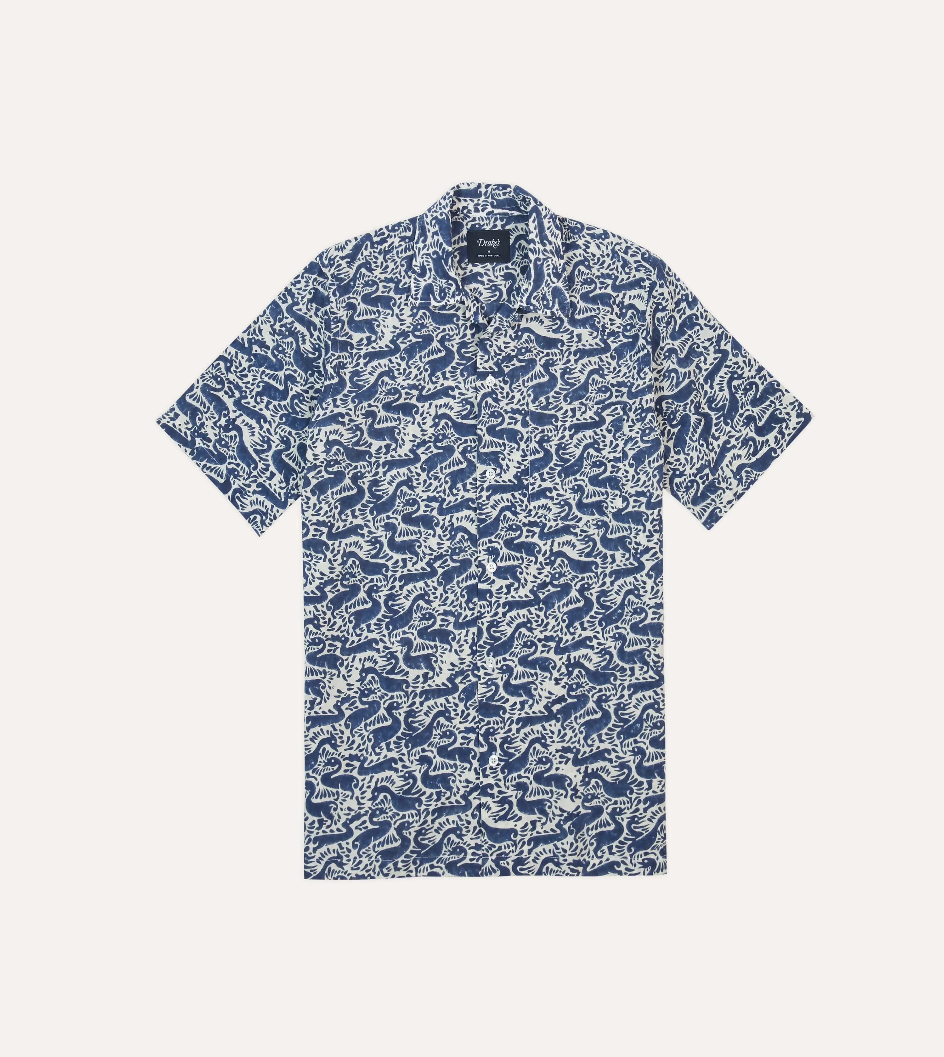 Non Restrictive Fit Navy Duck Block Print Cotton Camp Collar Short Sleeve Shirt