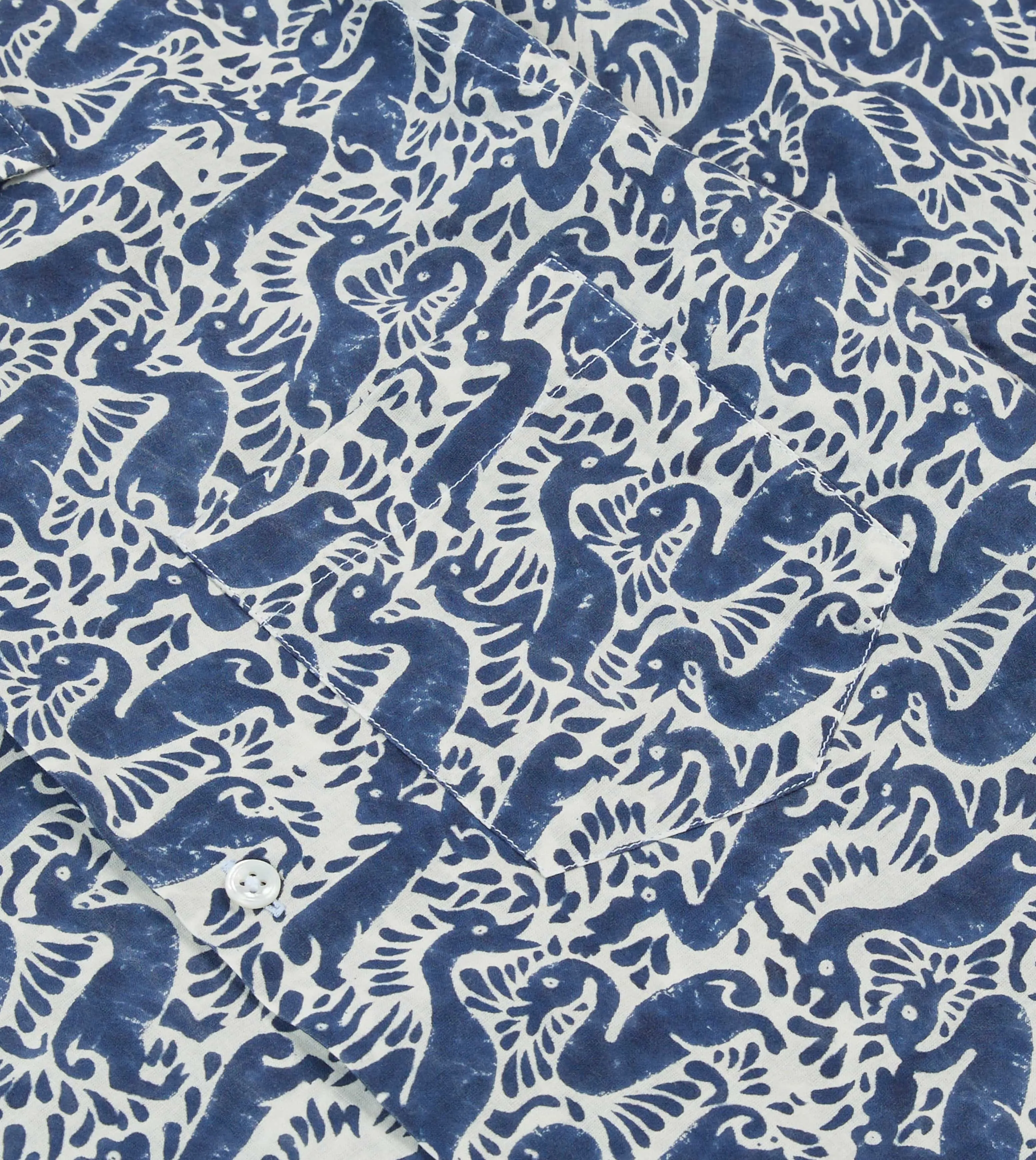 Patterned Texture Navy Duck Block Print Cotton Camp Collar Short Sleeve Shirt