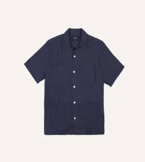Navy Linen Short Sleeve Cuban Shirt Double Stitched Hems Urban Wear