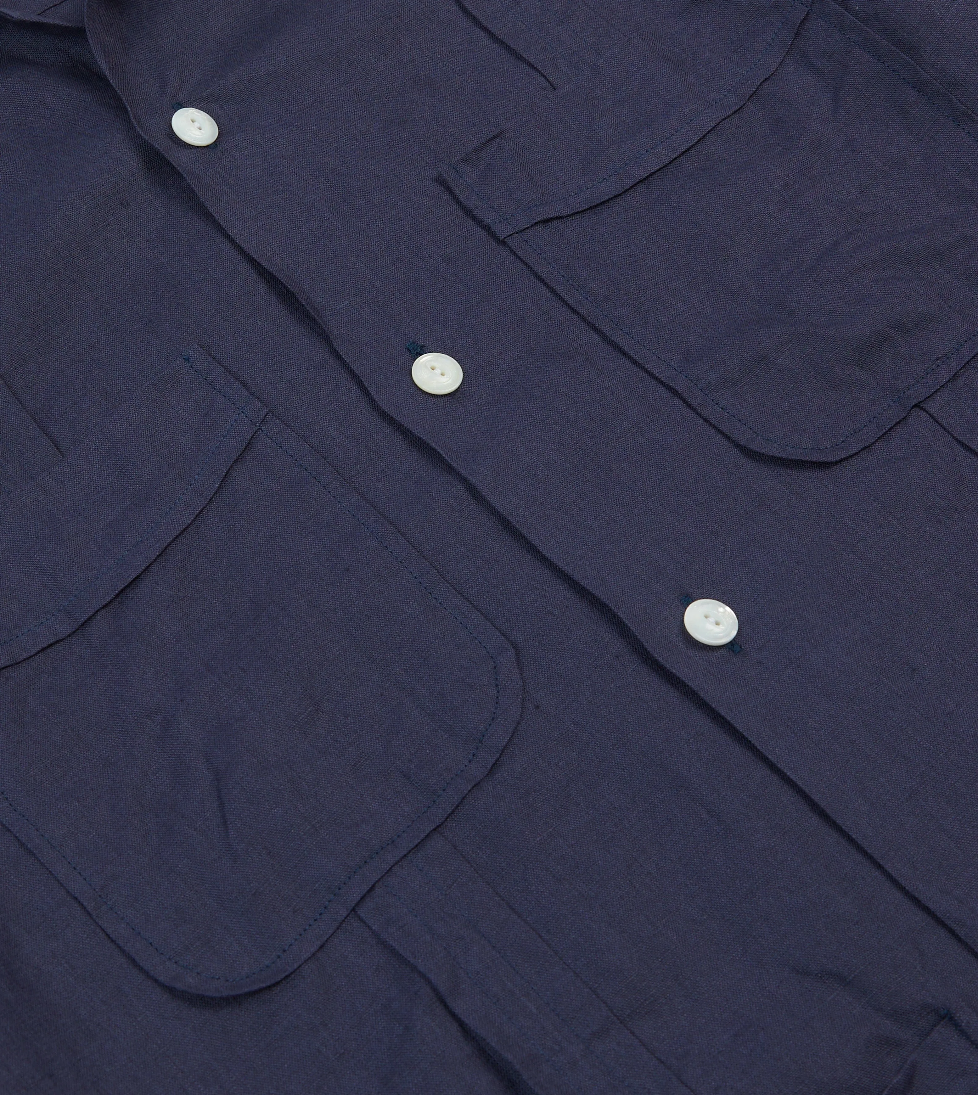 Navy Linen Short Sleeve Cuban Shirt Embroidered Detail Comfort Stretch