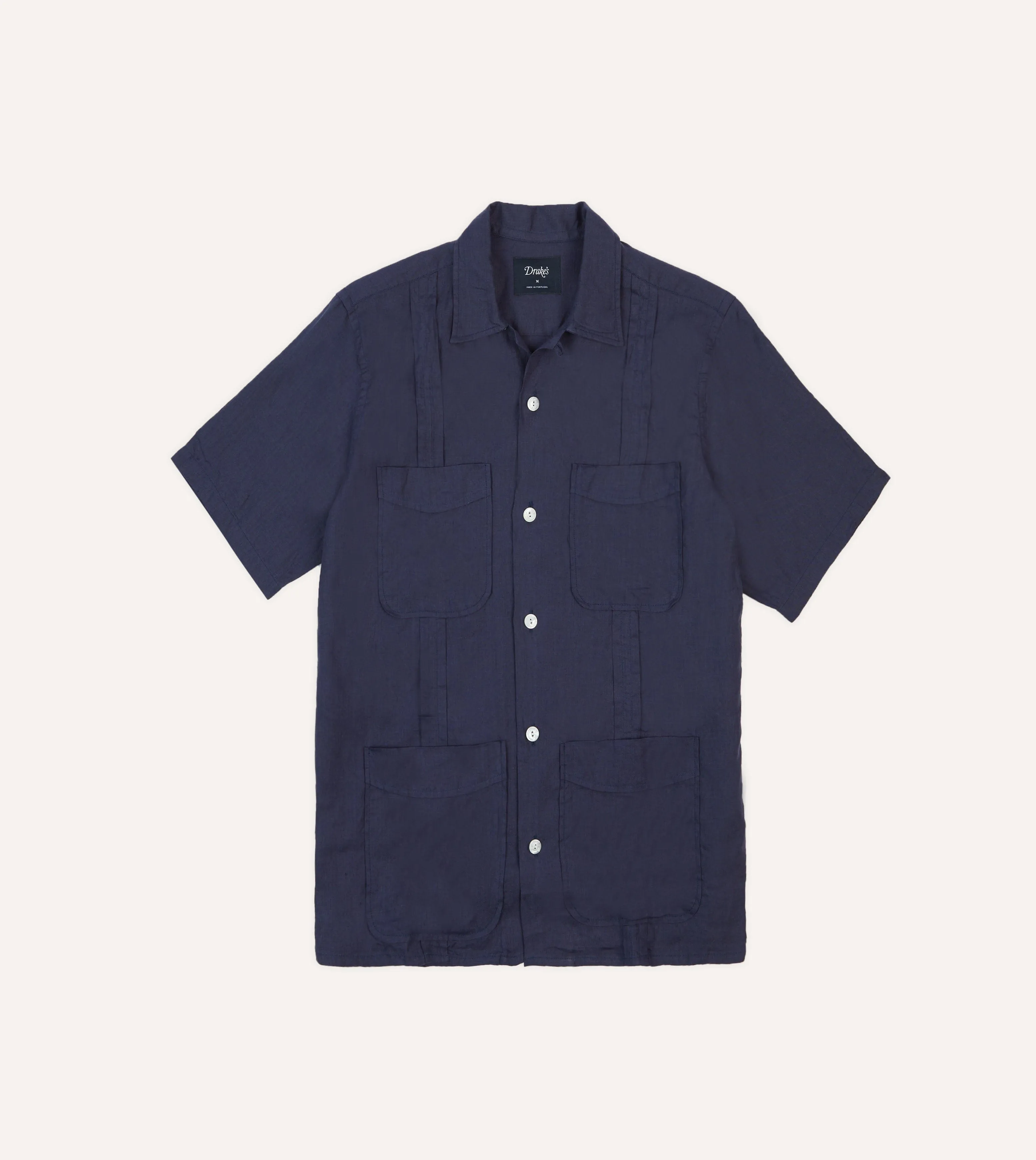Navy Linen Short Sleeve Cuban Shirt Double Stitched Hems Urban Wear