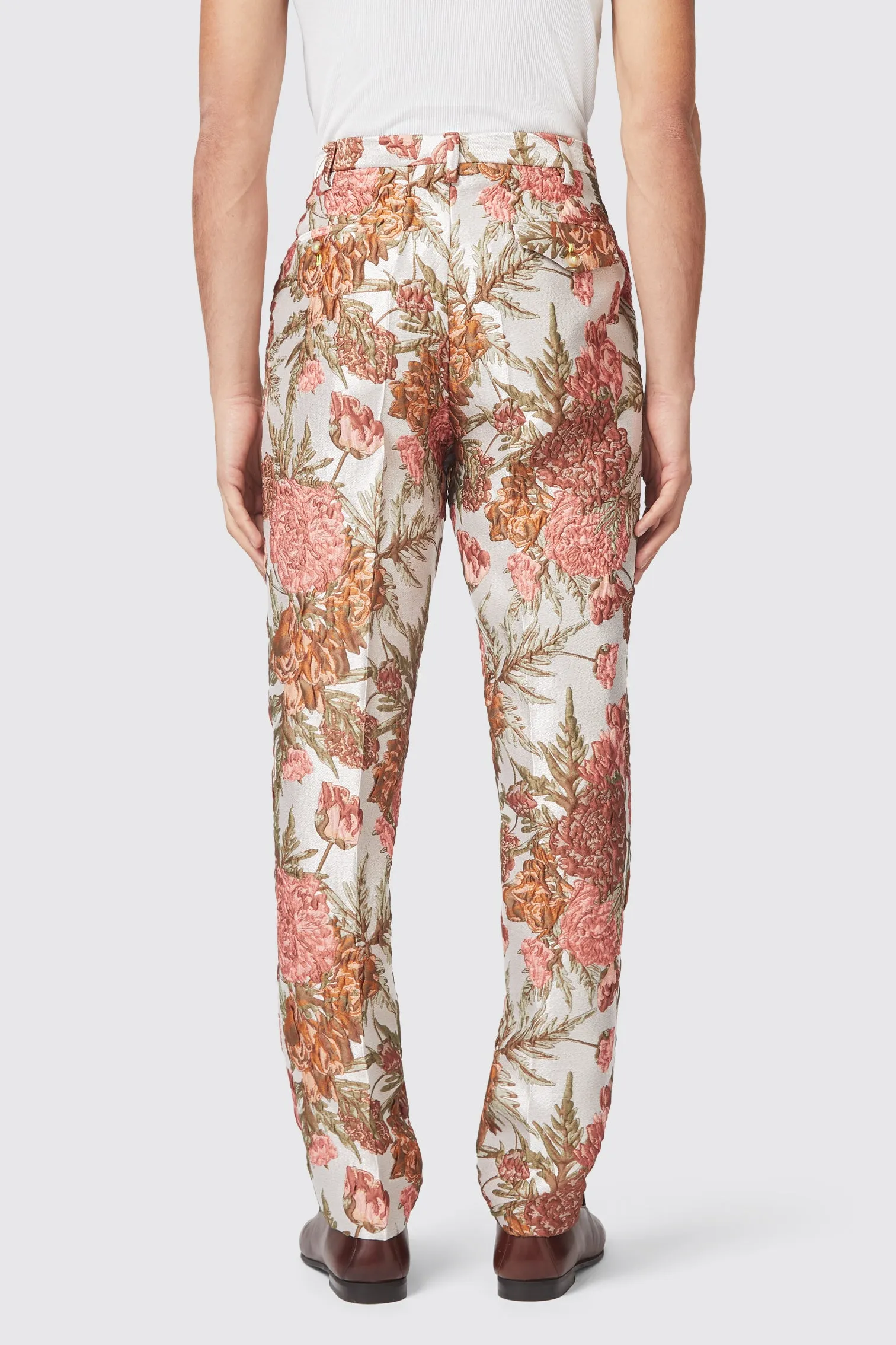 Meta Mood Hirshfield Slim Fit Floral Pink Silver Jacquard Trouser
