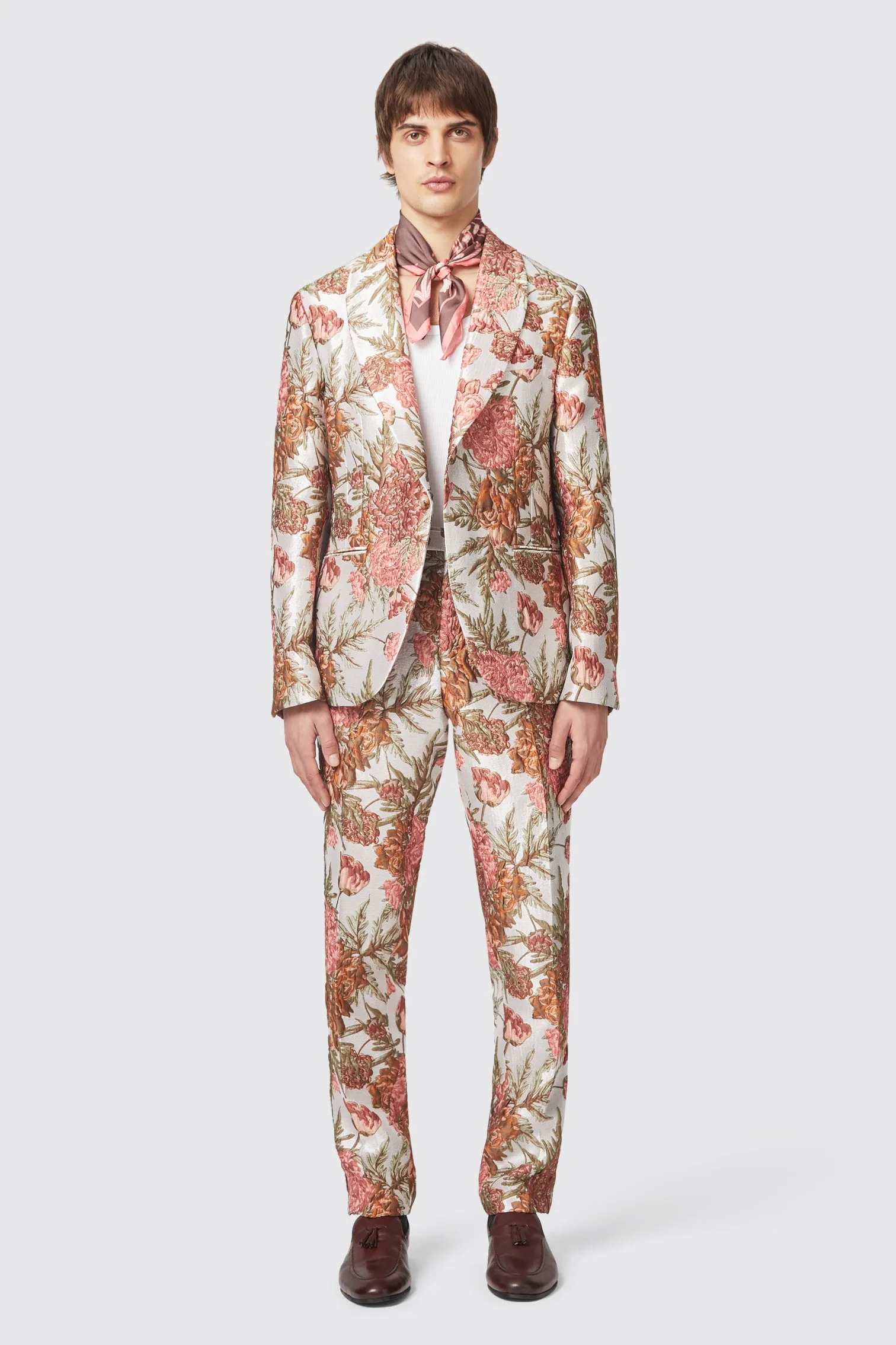 Hirshfield Slim Fit Floral Pink Silver Jacquard Trouser NonRestrictiveFit