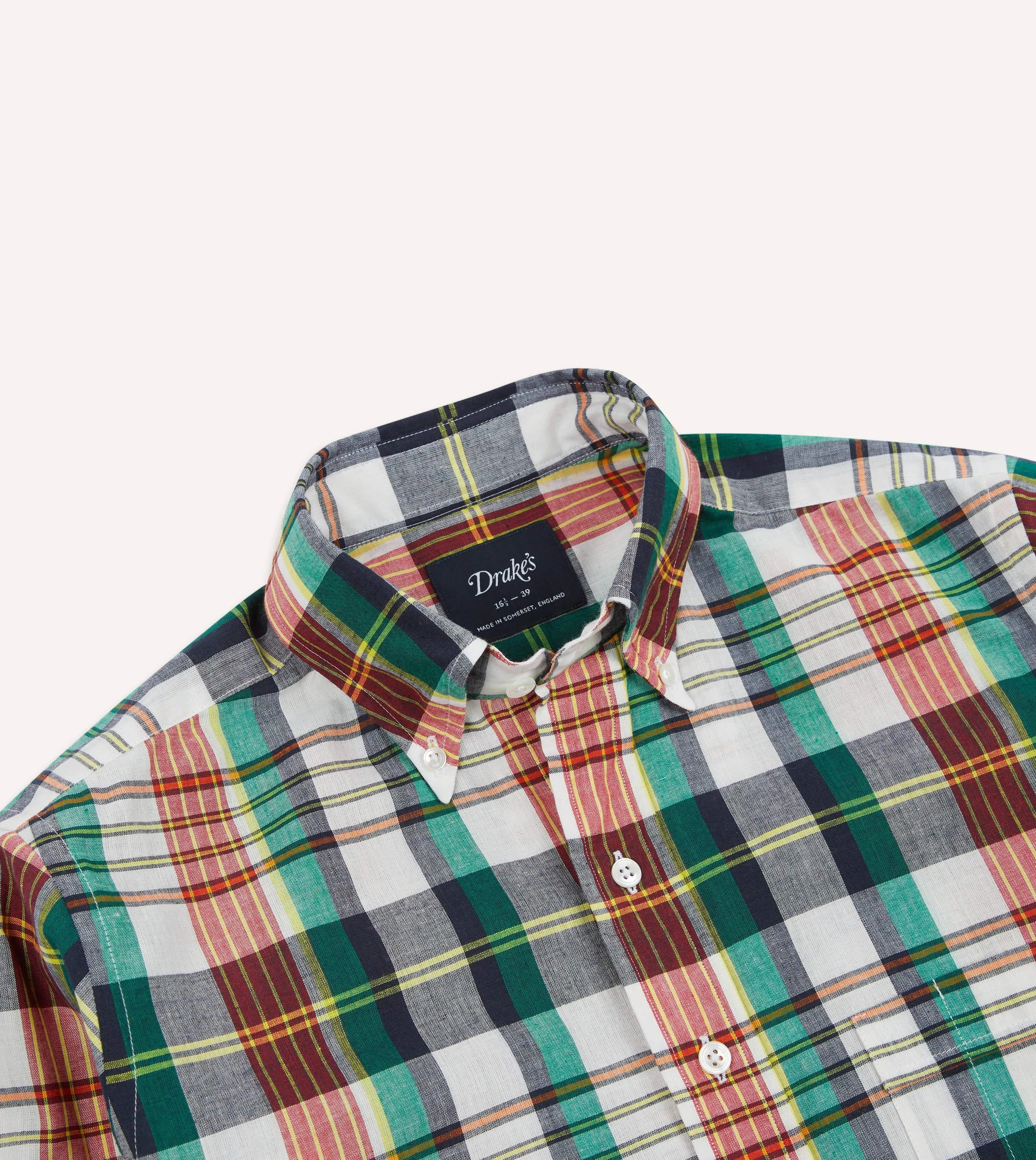 Blue and Red Madras Check Cotton Button-Down Shirt Weekend Casual Reinforced Collar
