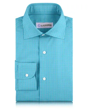Linen: Light Blue White Gingham Checks Shirt DurableReinforcedElbow SplitHemDesign
