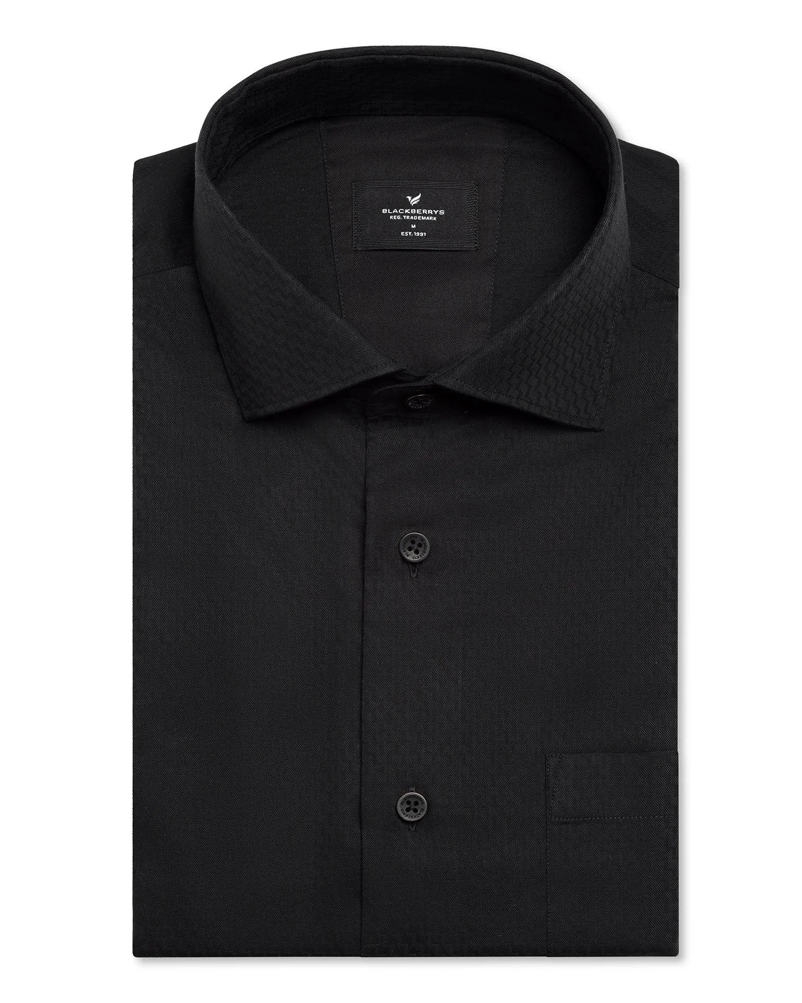 Ribbed Trim Non Iron Formal Black Textured Shirt - Melon