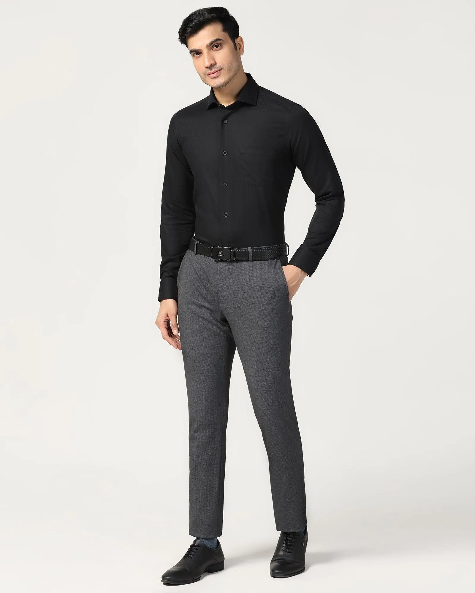 Denim Blend Stretchable Material Non Iron Formal Black Textured Shirt - Melon