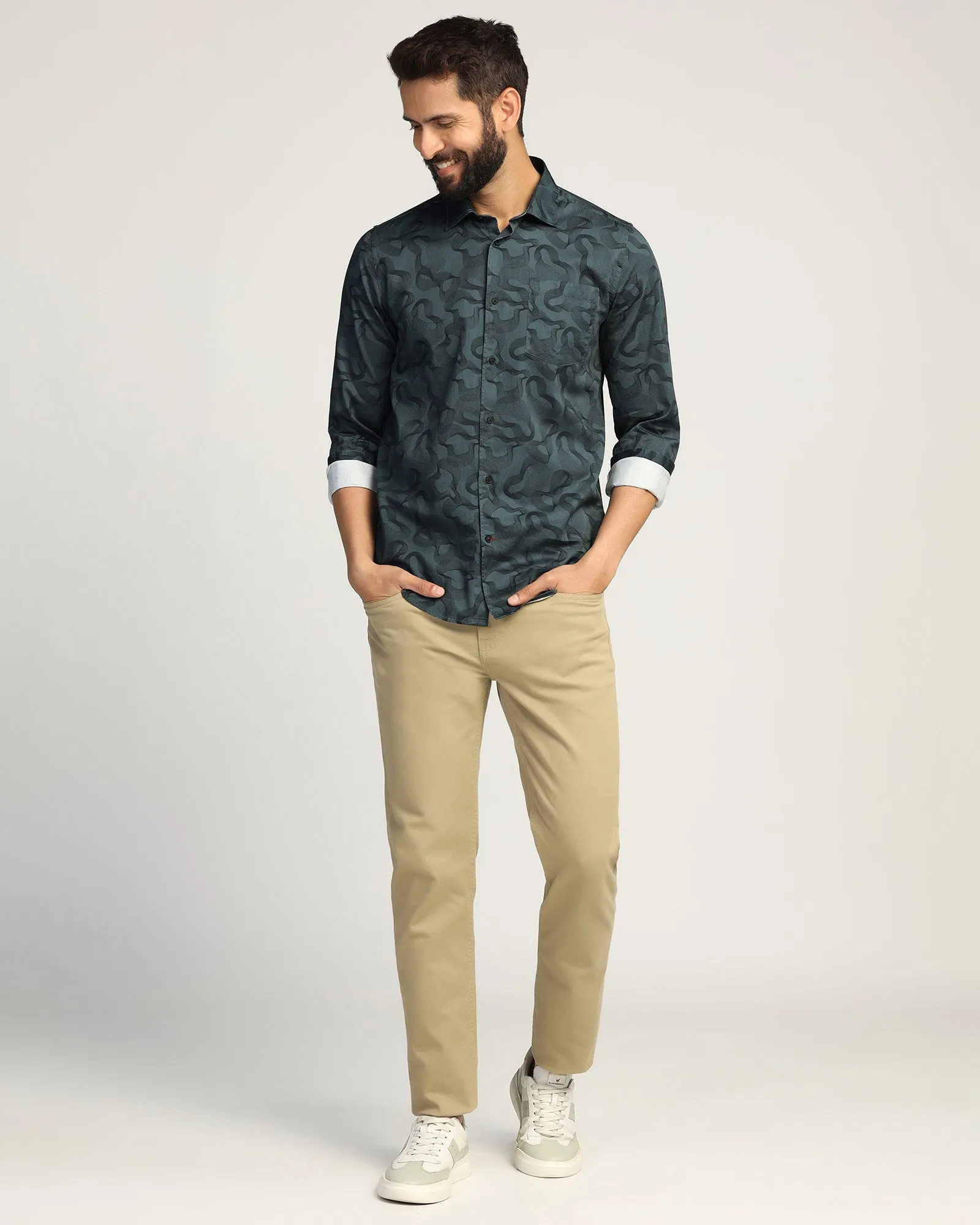 Comfort Fit Casual Teal Printed Shirt - Heath