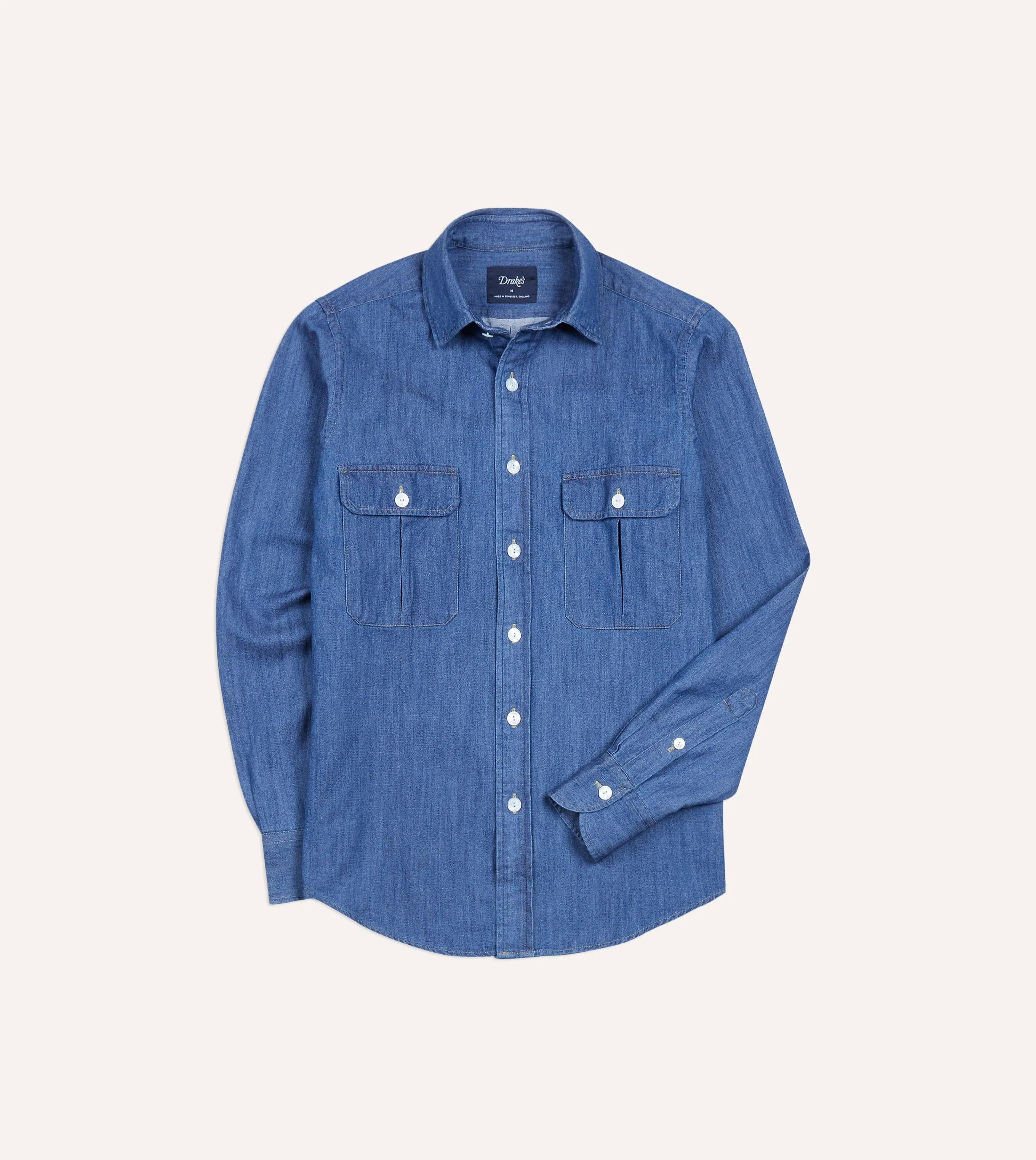 Seasonal Trend Mid-Blue Washed Denim Cotton Two-Pocket Work Shirt