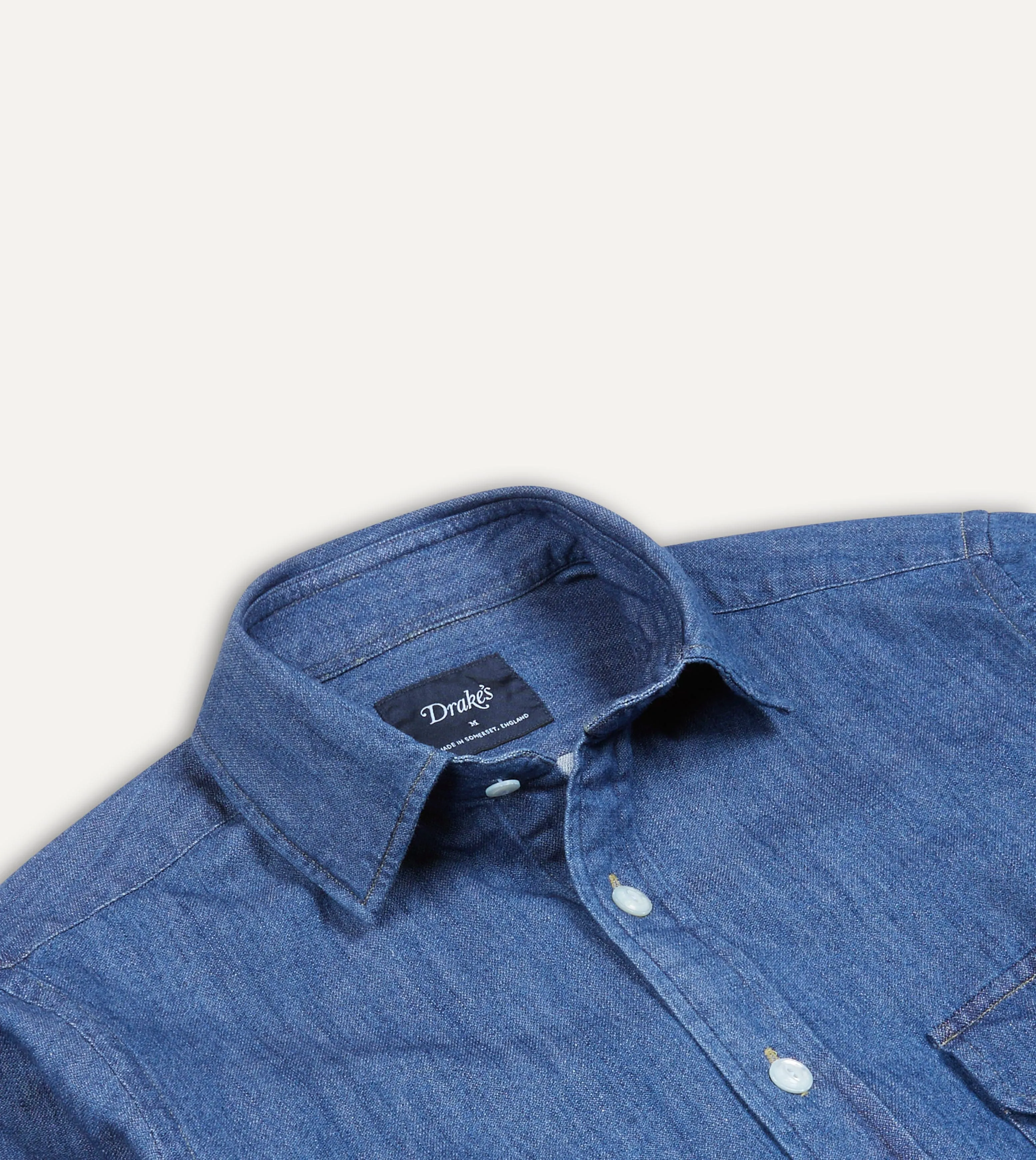 Mid-Blue Washed Denim Cotton Two-Pocket Work Shirt Odorless Binding Tape Geometric Shape