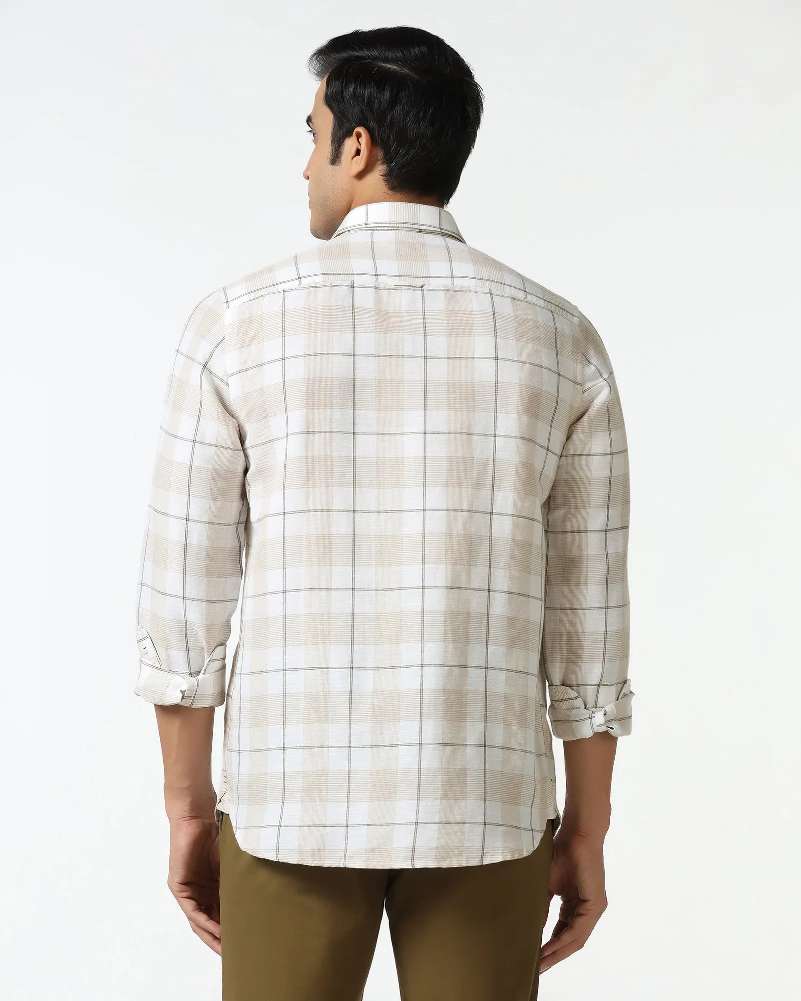 crew neck Roll-Up Sleeve White Linen Check Shirt - Merik