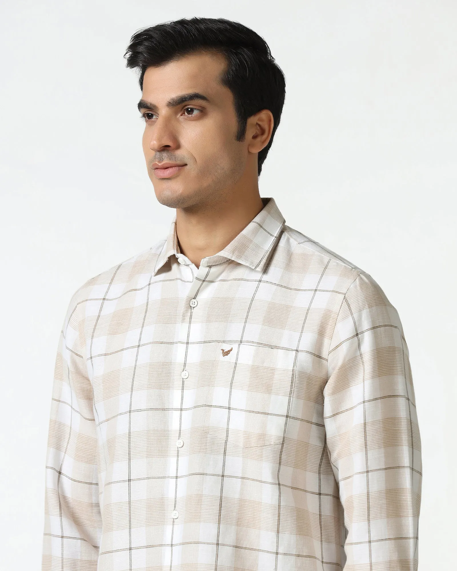 White Linen Check Shirt - Merik Asymmetrical Cut