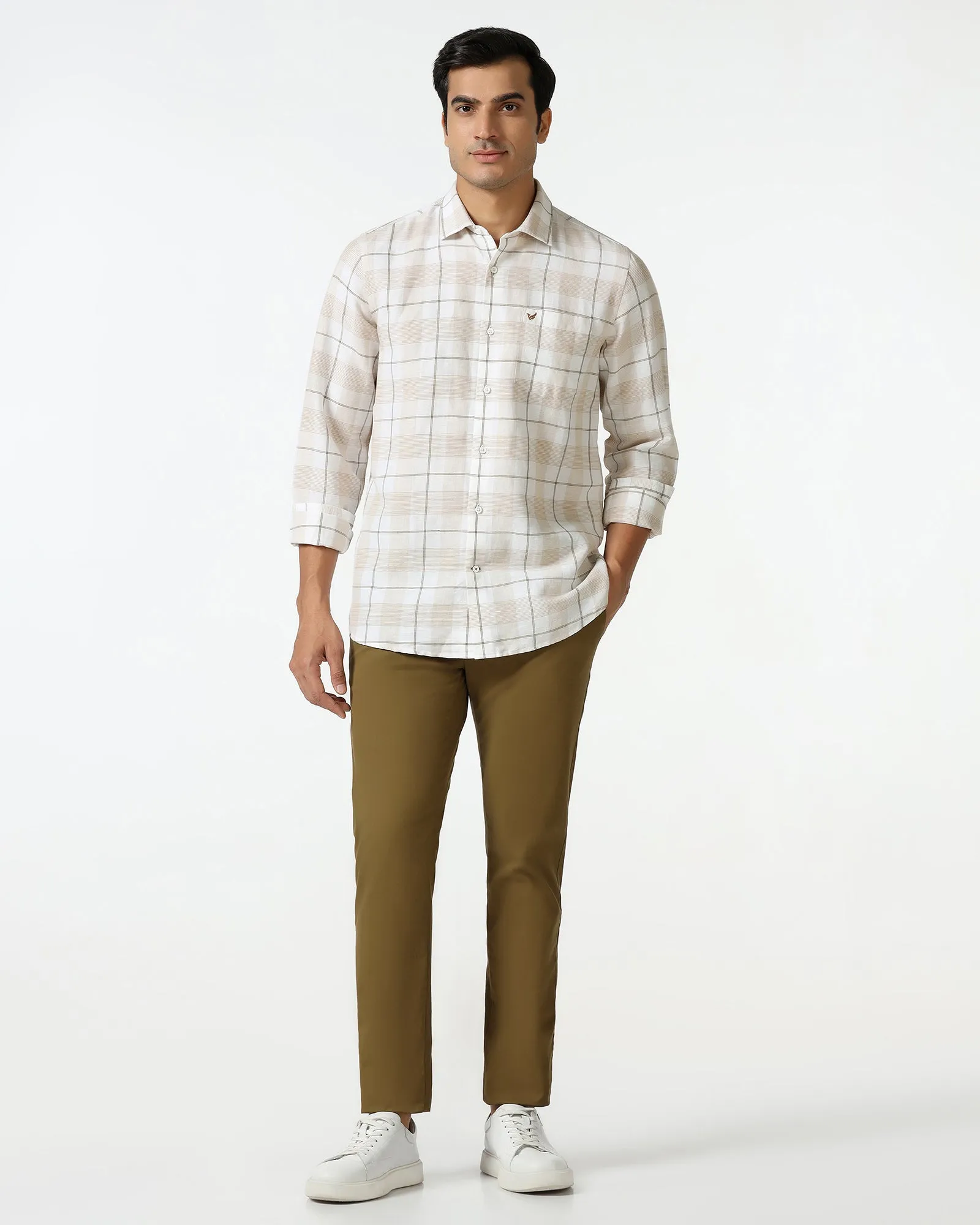 White Linen Check Shirt - Merik Comfort Stretch Reinforced Buttonholes