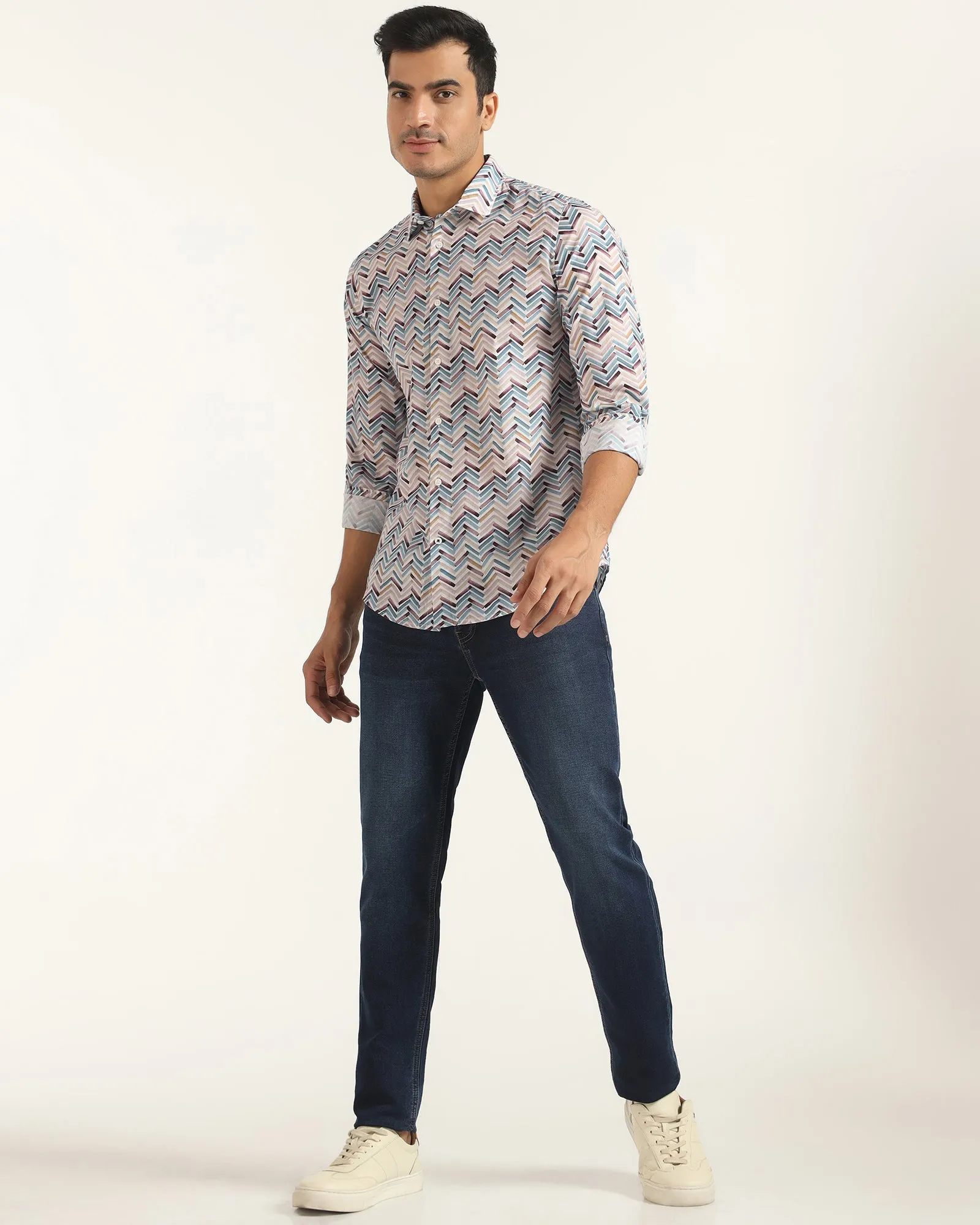Casual Blue Printed Shirt - Alba Roll-Up Sleeve Wardrobe Staple
