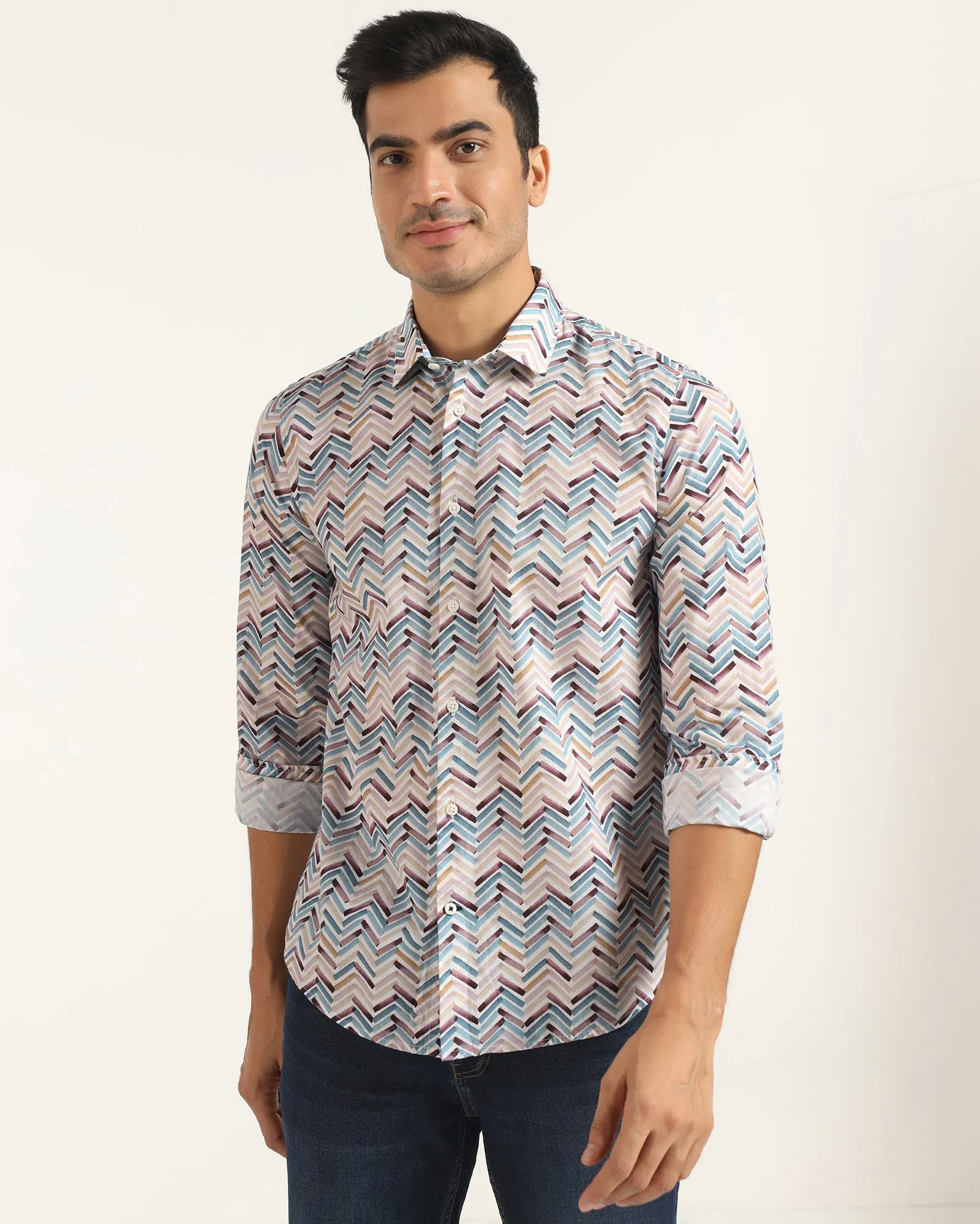 Minimalist Closure Casual Blue Printed Shirt - Alba