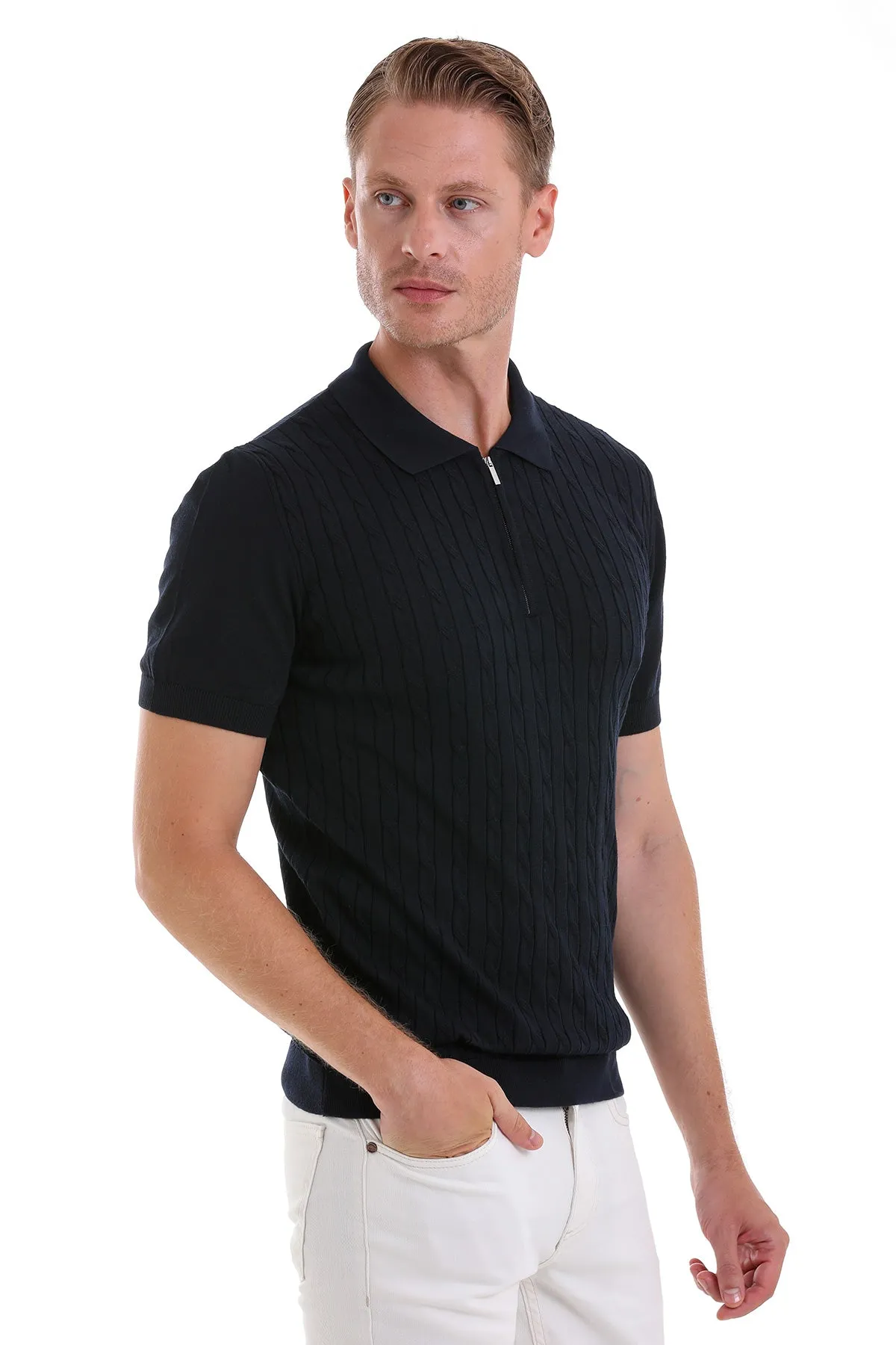 Slim Fit Navy Cable Knit Polo T-Shirt Essential Style
