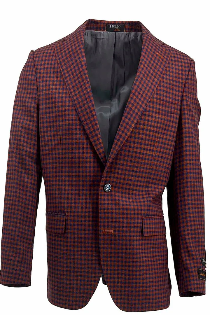 Tiglio Luxe Burnt Orange with Navy Mini Check Dolcetto Modern Fit, Pure Wool Jacket TL2704 Heavyweight Warmth
