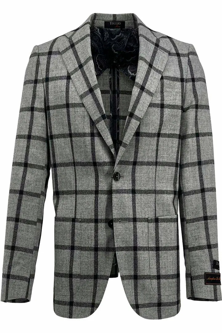 Tiglio Luxe Gray with Charcoal Windowpane Veneto/THP Slim Fit Half Lined, Pure Wool Jacket TL3322 Casual Style Comfy Essentials