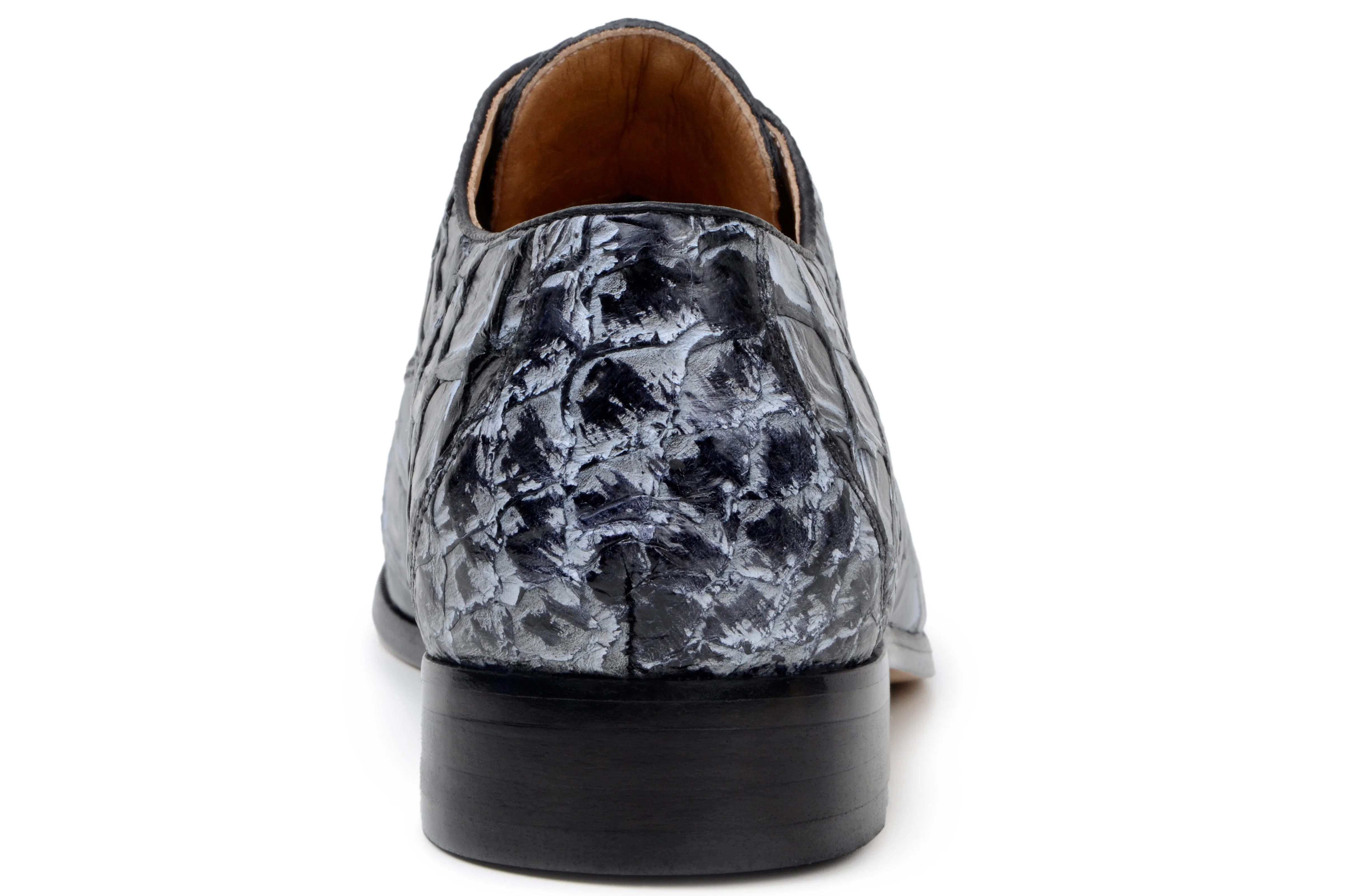 Belvedere Renzo Exotic Pirarucu Leather Lace-Up Moc Toe Shoes in Ivory & Black Rise Comfort Strap Camera Look