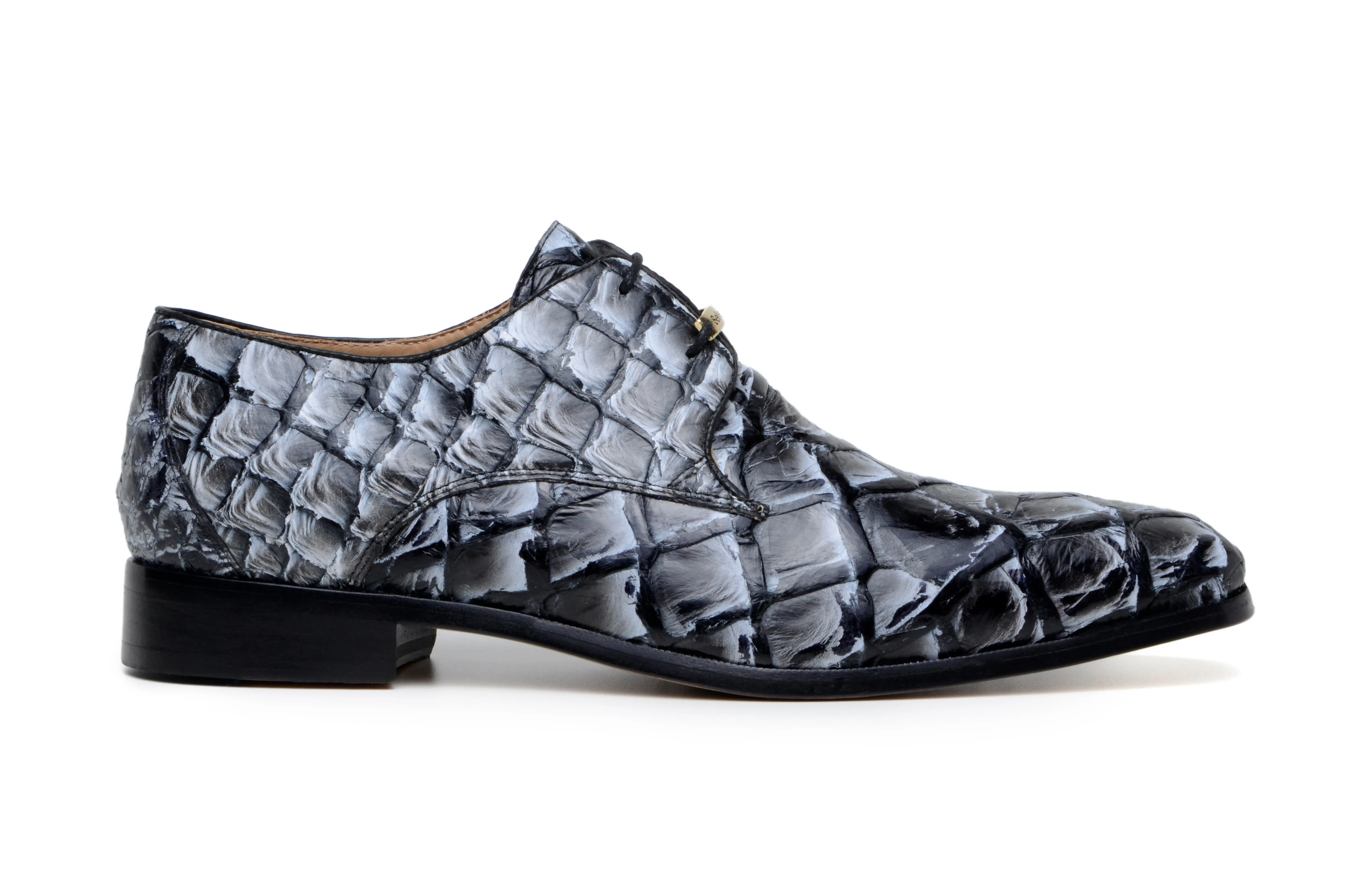 Belvedere Renzo Exotic Pirarucu Leather Lace-Up Moc Toe Shoes in Ivory & Black Rise Breathable Road Trip