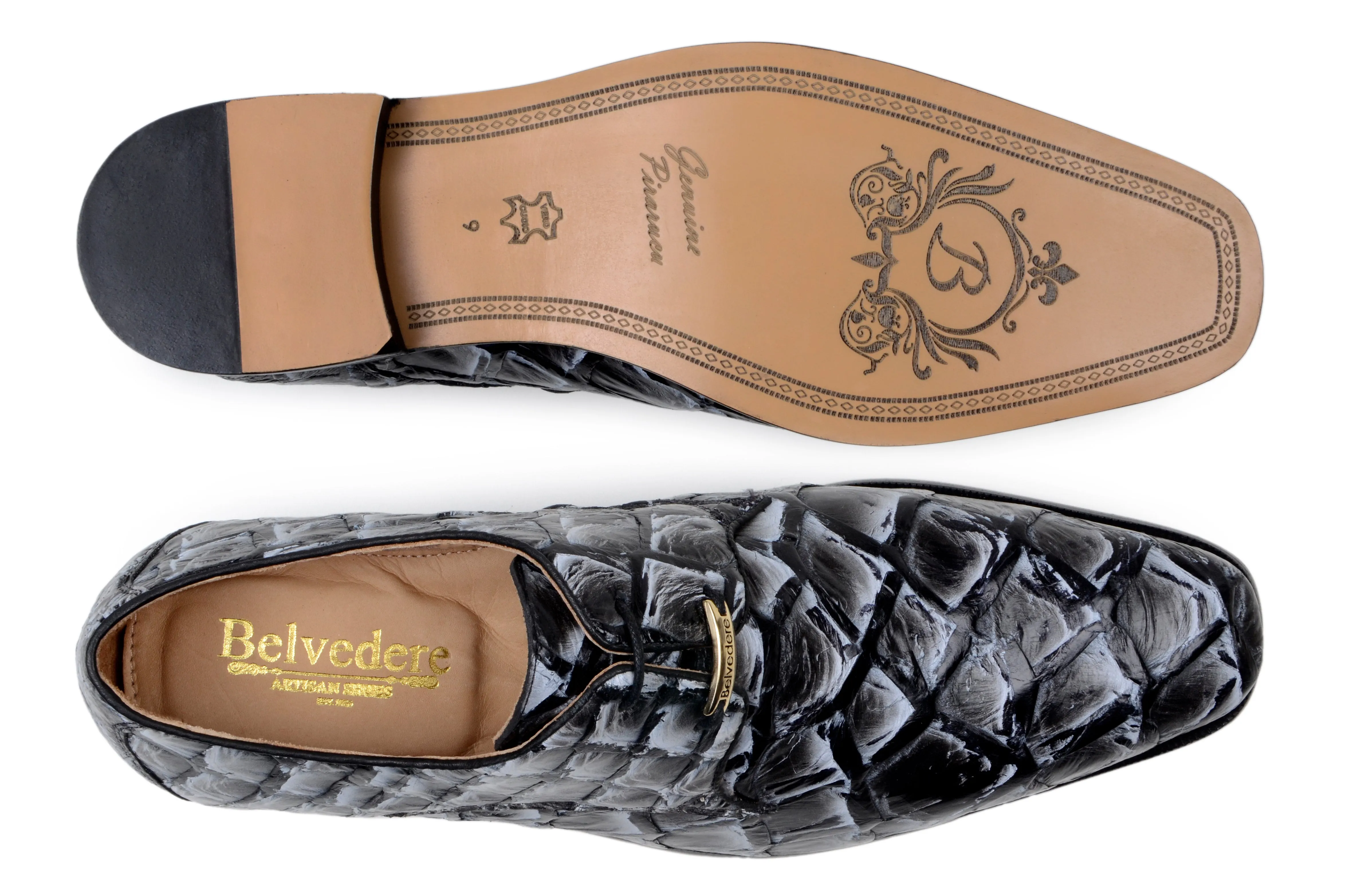 Belvedere Renzo Exotic Pirarucu Leather Lace-Up Moc Toe Shoes in Ivory & Black Rise Low Impact Design Royal Mood