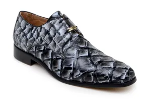 Play Hard French Soft Belvedere Renzo Exotic Pirarucu Leather Lace-Up Moc Toe Shoes in Ivory & Black Rise