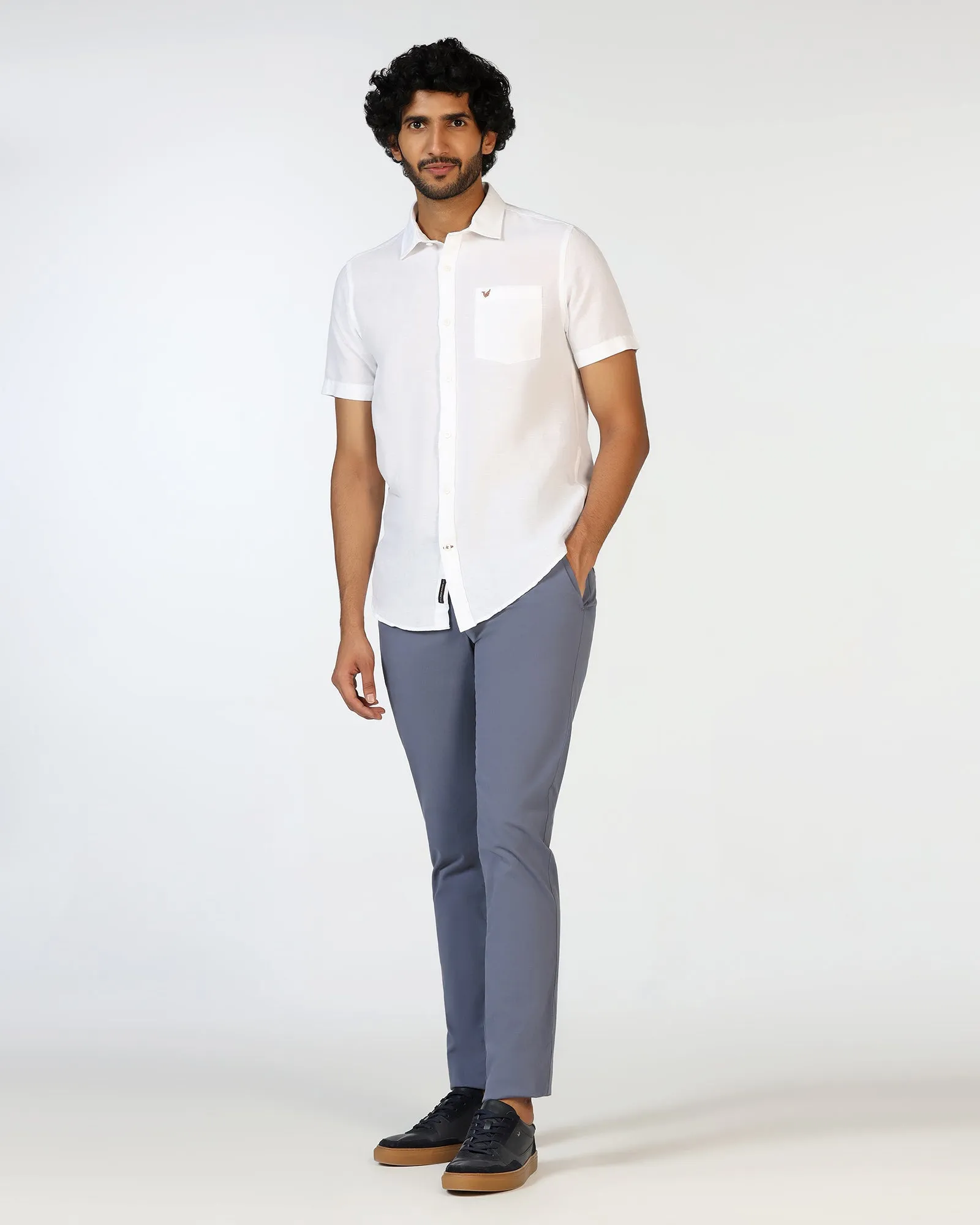 Polo Style Breathable Material White Half Sleeve Linen Solid Shirt - Salmon