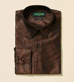 Metro Mode Inserch Long Sleeve Paisley Jacquard Shirt LS005-131 Swiss Chocolate