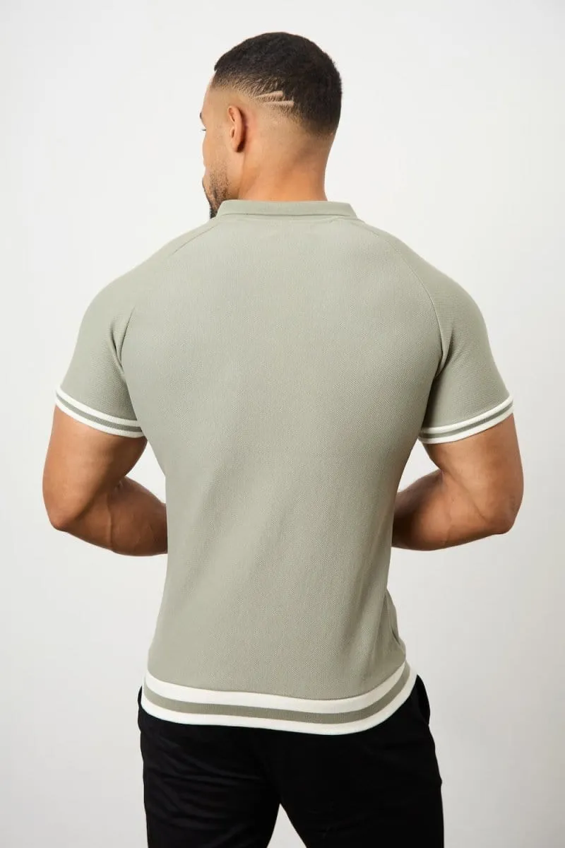 Tipped Textured Open Collar Polo Shirt in Soft Khaki Comfortable Layers
