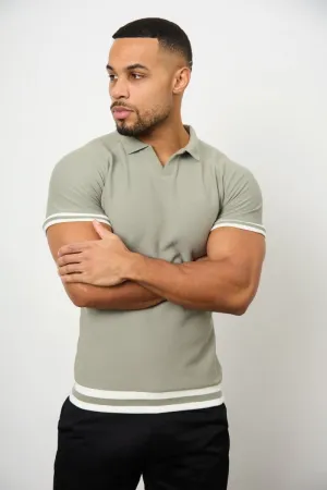 Tipped Textured Open Collar Polo Shirt in Soft Khaki Adaptive Torso Contouring Sporty Layer