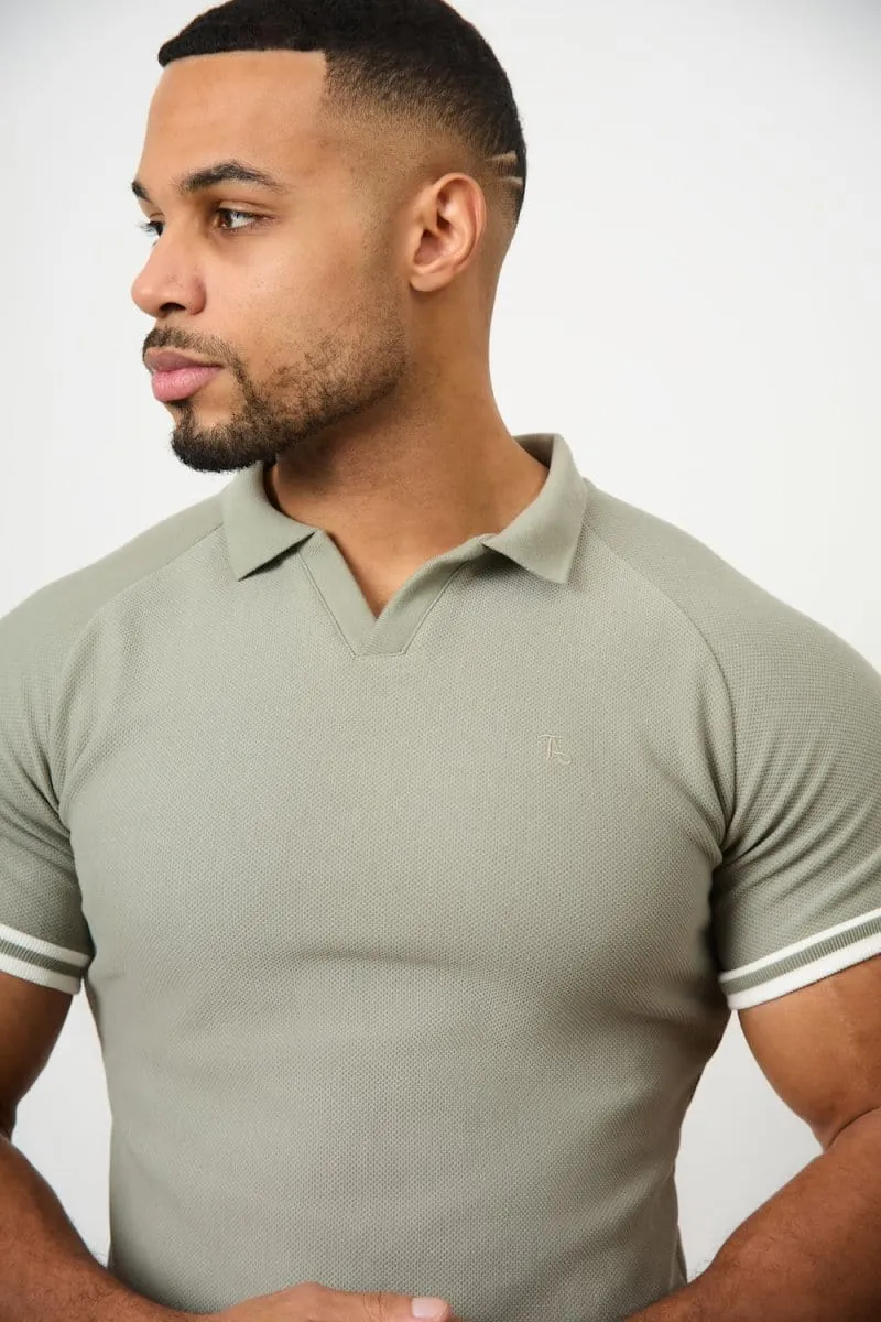 Tipped Textured Open Collar Polo Shirt in Soft Khaki Office Attire