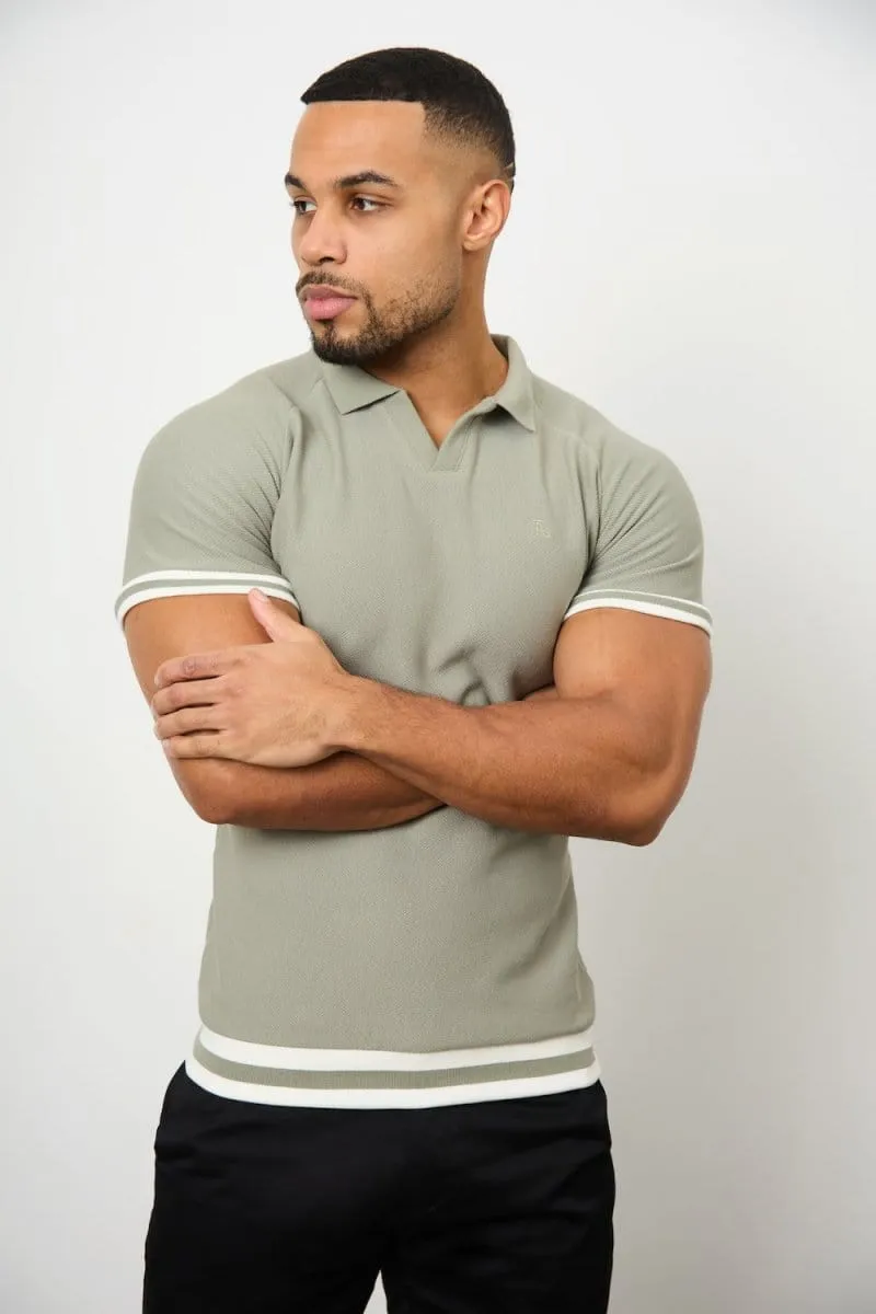 Tipped Textured Open Collar Polo Shirt in Soft Khaki Adaptive Torso Contouring Sporty Layer