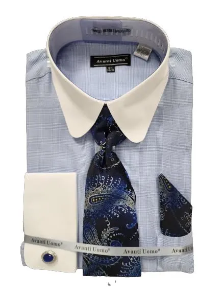 AVANTI UOMO MONOTONE GLEN CHECK ROUND WHITE COLLAR & CUFF DN131M BLUE slim fit