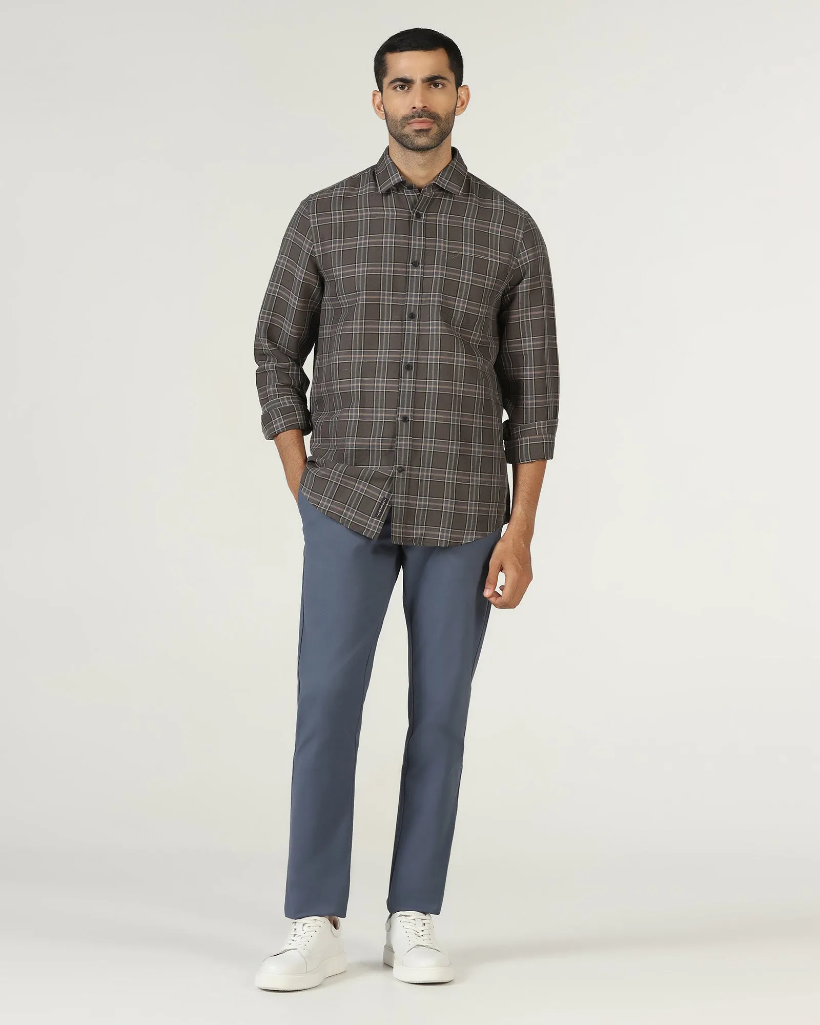 Waffle Weave checkered pattern Dark Grey Linen Check Shirt - Madrik