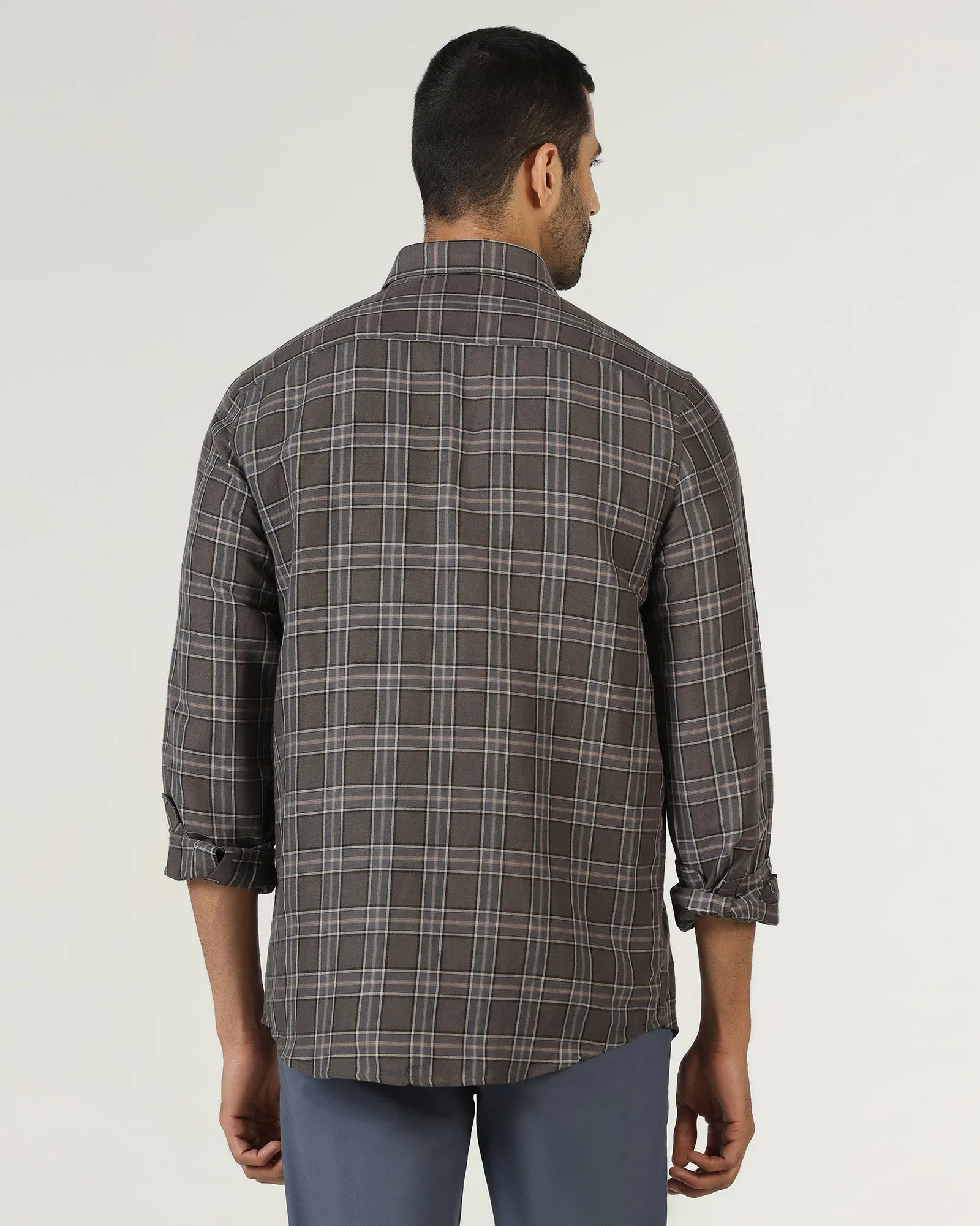 quick dry Dark Grey Linen Check Shirt - Madrik