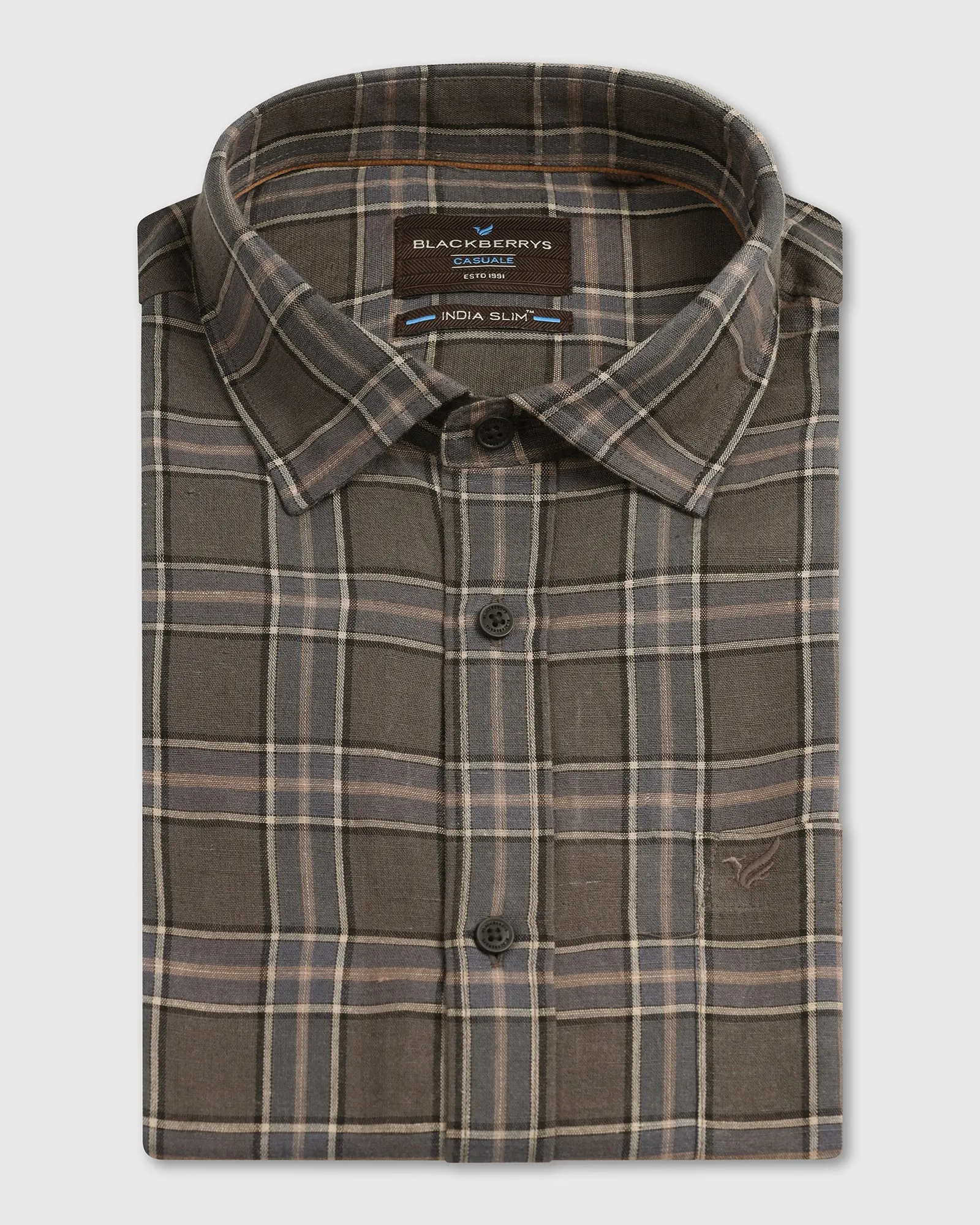 Casual Wear Dark Grey Linen Check Shirt - Madrik