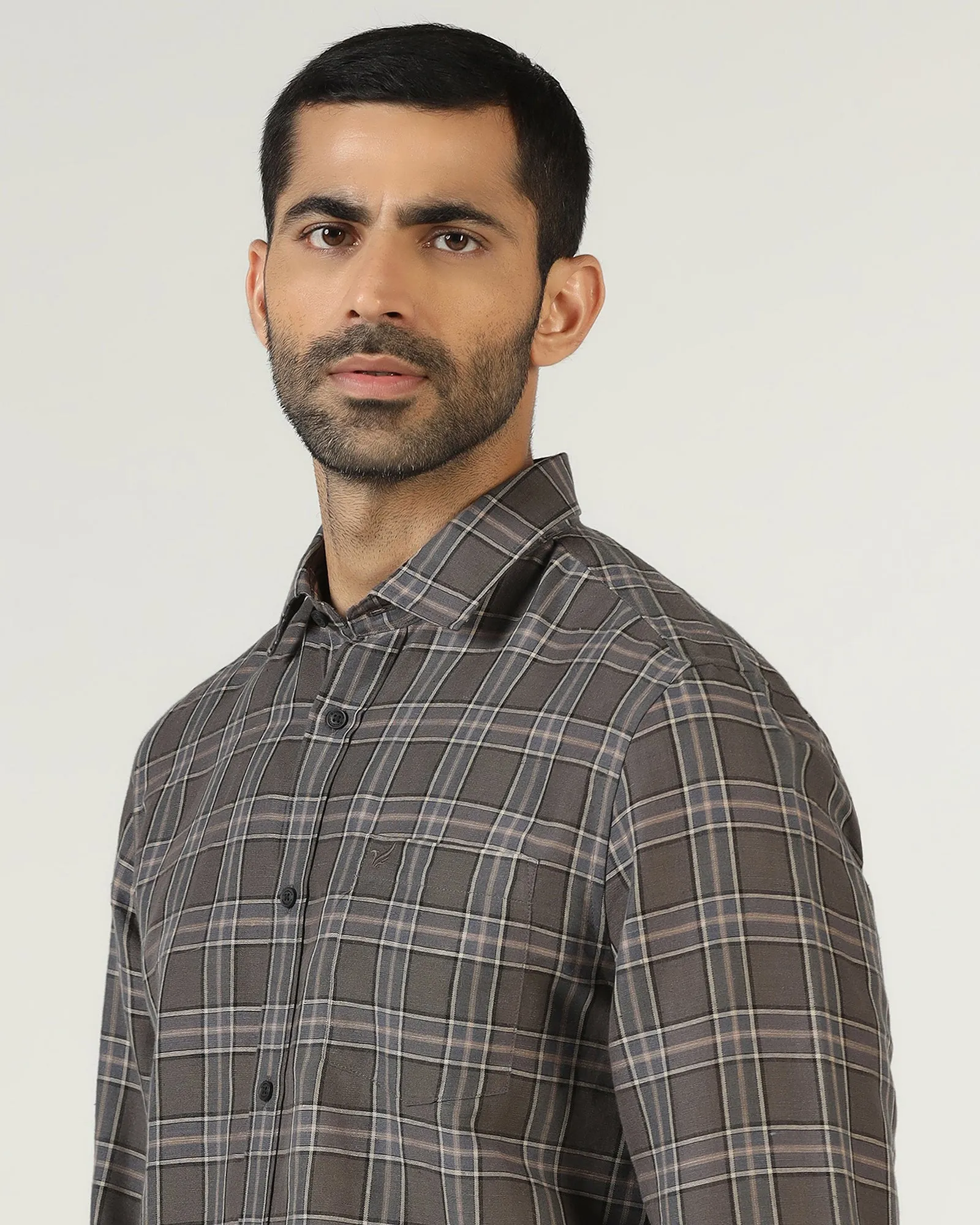 Exclusive Collection Dark Grey Linen Check Shirt - Madrik