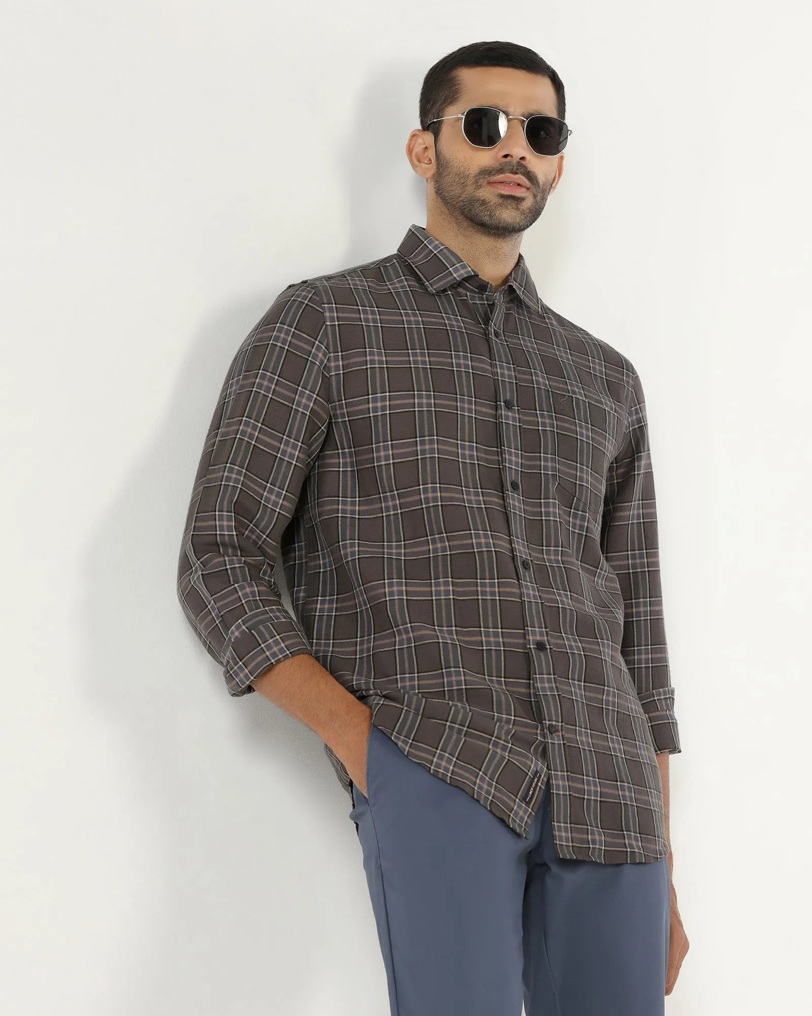Dark Grey Linen Check Shirt - Madrik Wrinkle Resistant Eco-Friendly Fabric