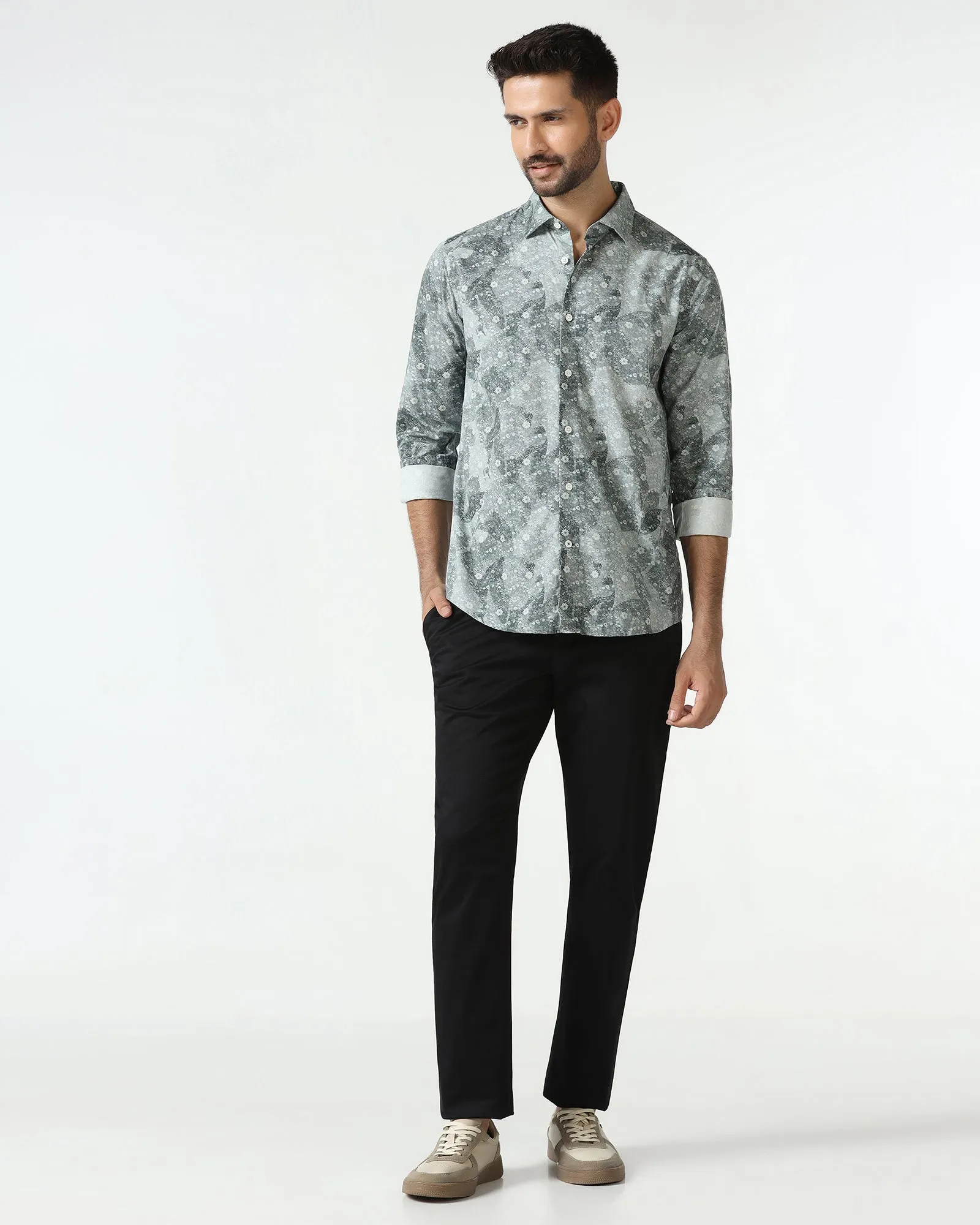 Micro Perforated Texture Bold Print Grey Printed Shirt - Mose