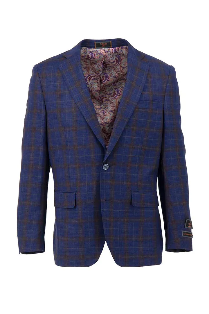 Tiglio Luxe Navy with Brown Windowpane Dolcetto Modern Fit, Pure Wool Jacket TL7507 ErgonomicFit Comfort Stretch Fabric