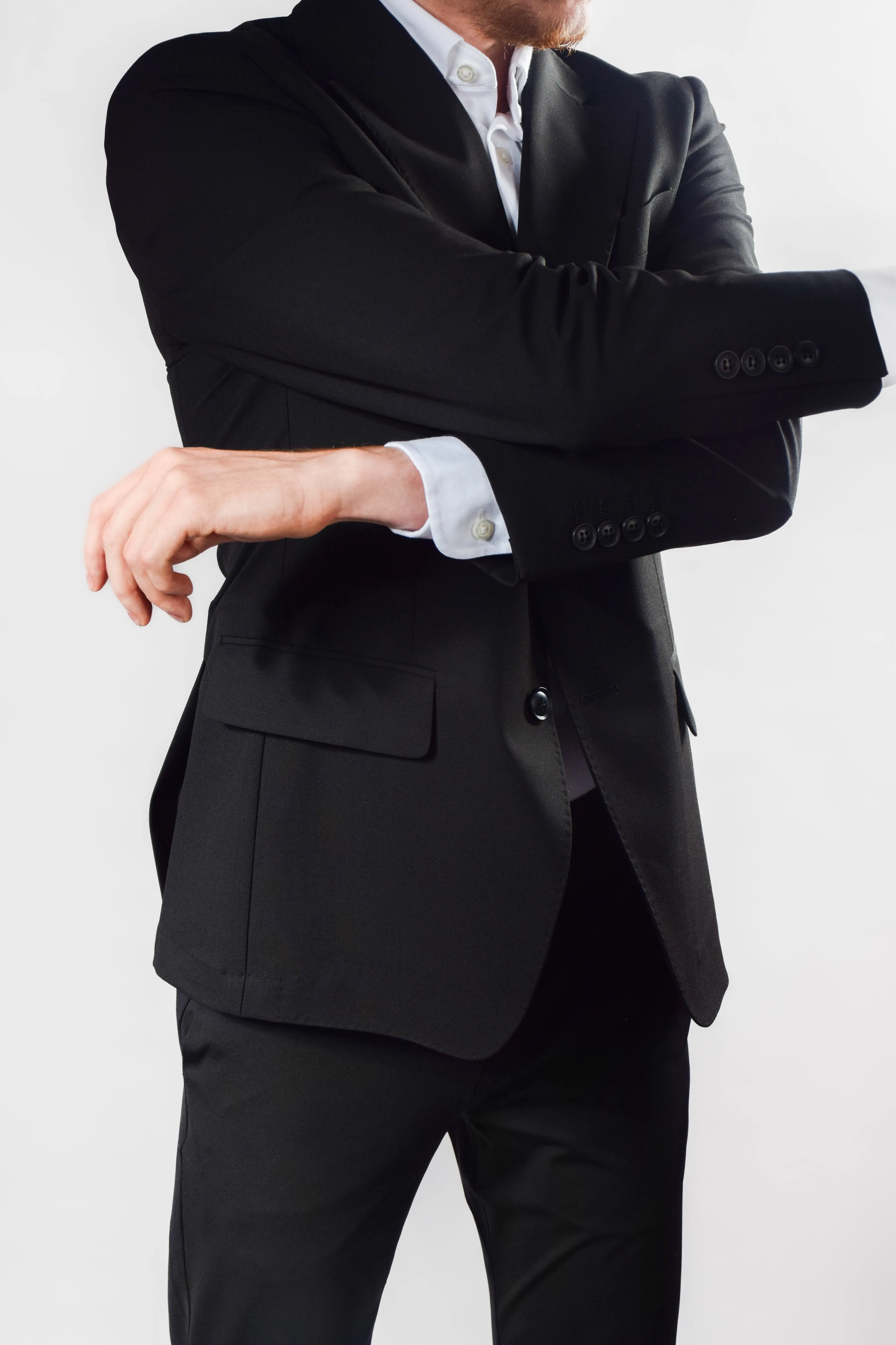 Washable Travel Blazer Black | Classic Layered Cuff System