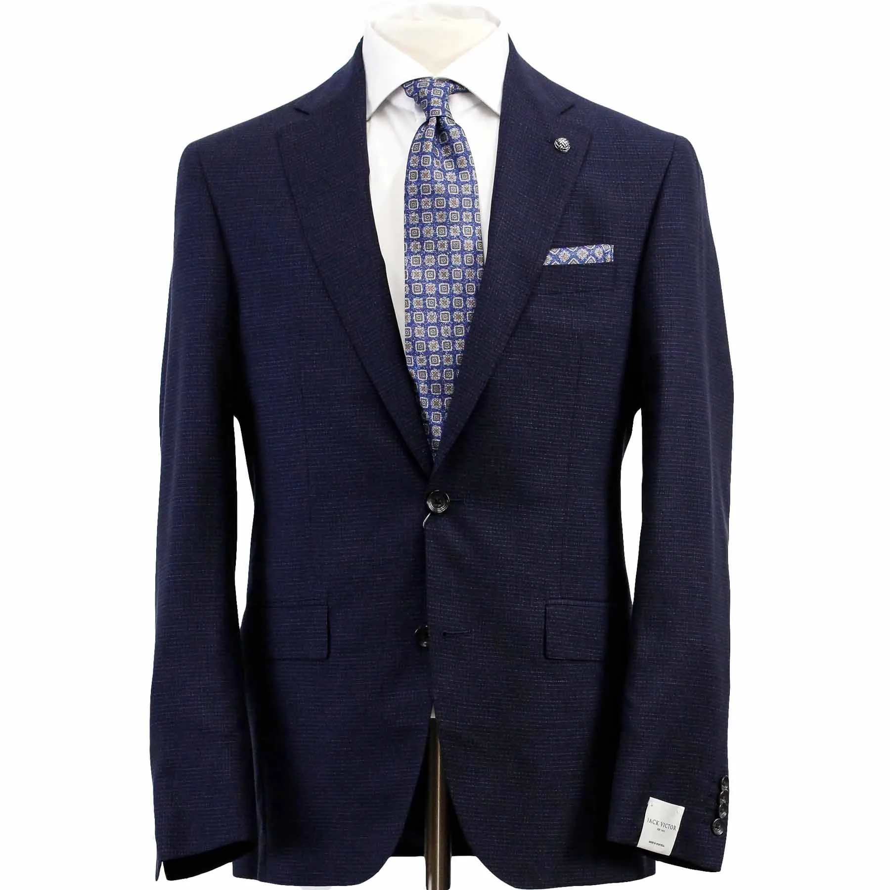 Light Padding Light Travel Piece Jack Victor Modern Fit Espirit Super 110s Wool Blend Suit in Navy Micro Check