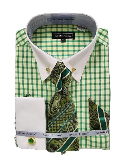 high-low hem Seamless Sides AVANTI UOMO WINDOW PANE WHITE COLLAR CUFF WITH STONE COLLAR BAR DN128M GREEN