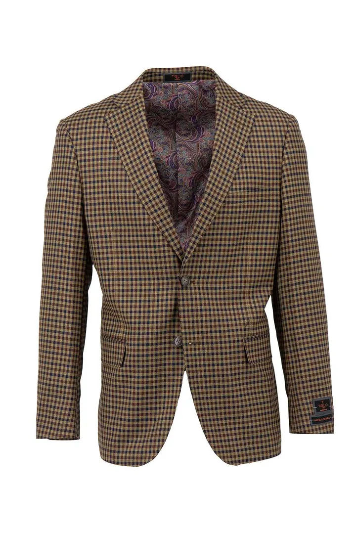 Tiglio Luxe Camel with Navy Check Dolcetto Modern Fit, Pure Wool Jacket TL5547 Holiday Trip