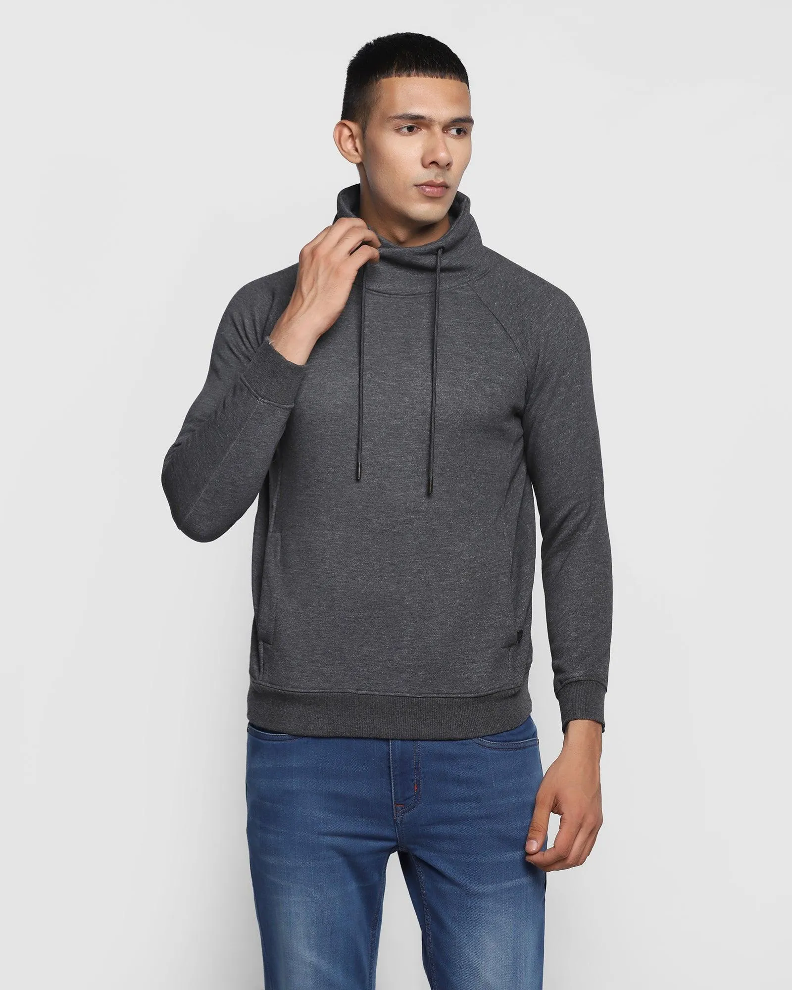 Stylized Collar Dark Grey Melange Solid Sweatshirt - Kang Fashion Core Sharp Line