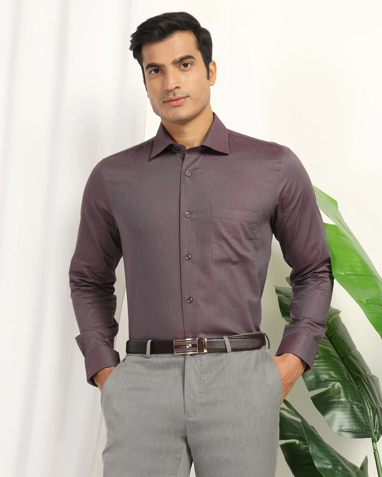 Short Sleeve Formal Plum Textured Shirt - Punch