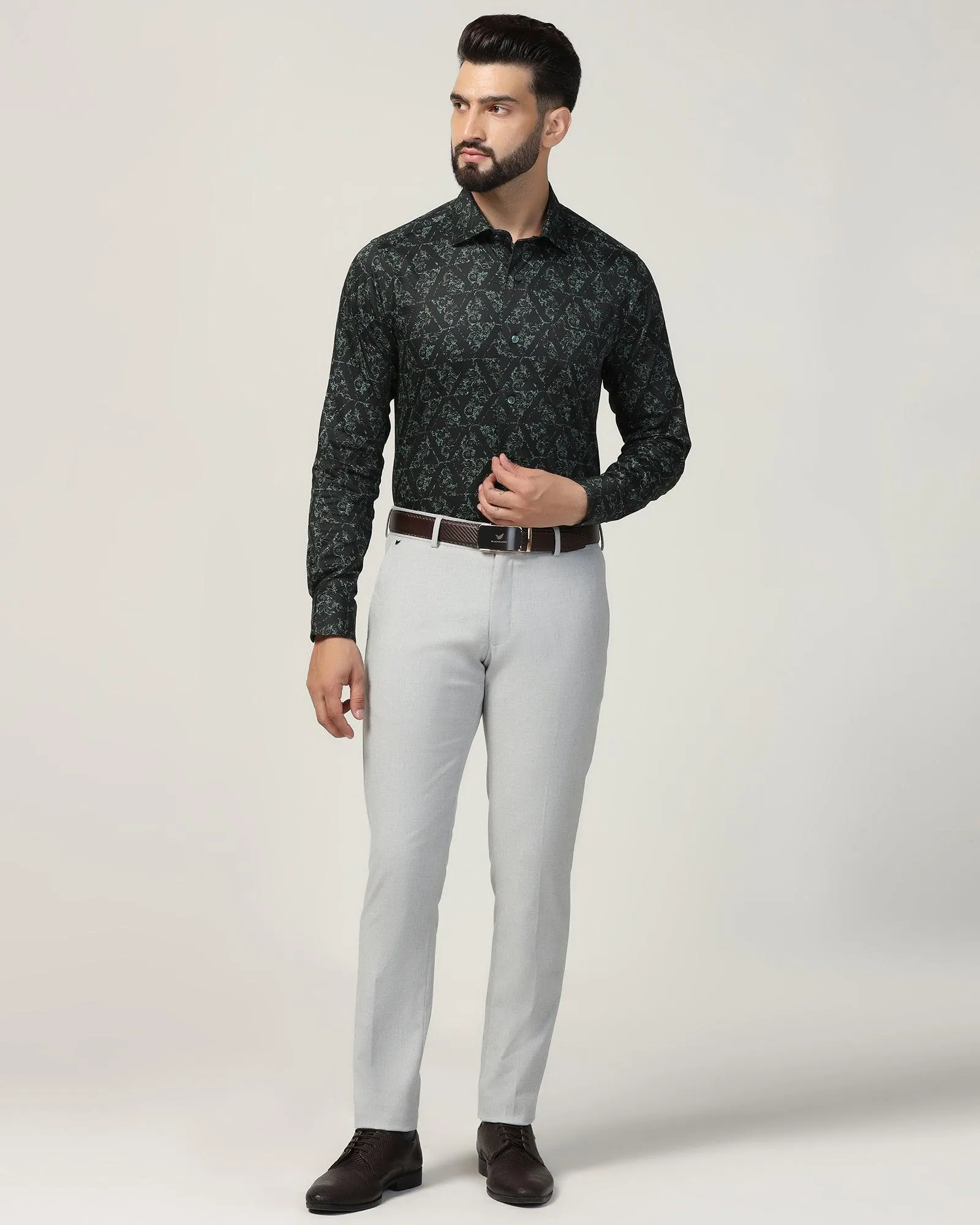 Patterned Texture Brushed Inner Lining Formal Green Printed Shirt - Burro